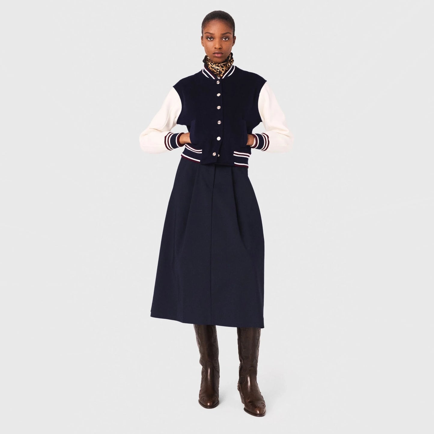 Maje Varsity Jacket in Navy/White, size 36 (fits size small)