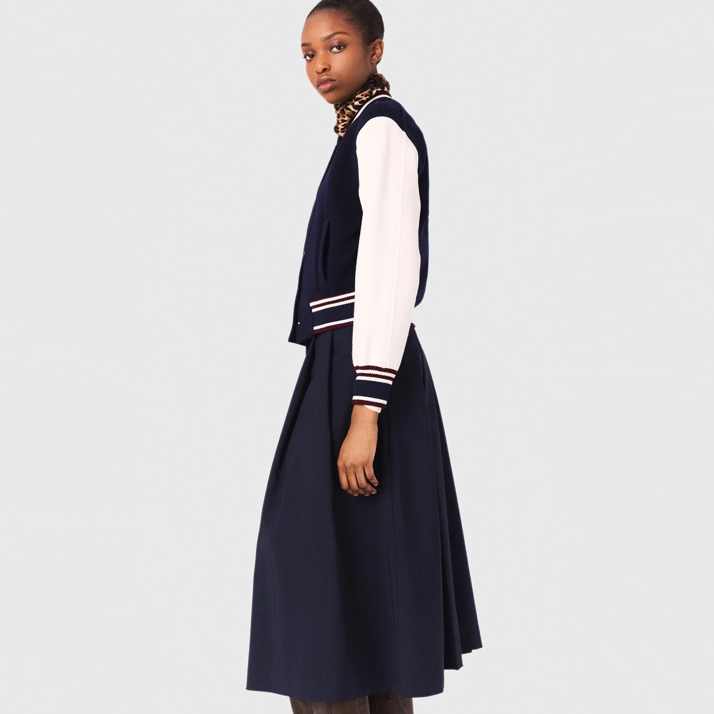 Maje Varsity Jacket in Navy/White, size 36 (fits size small)