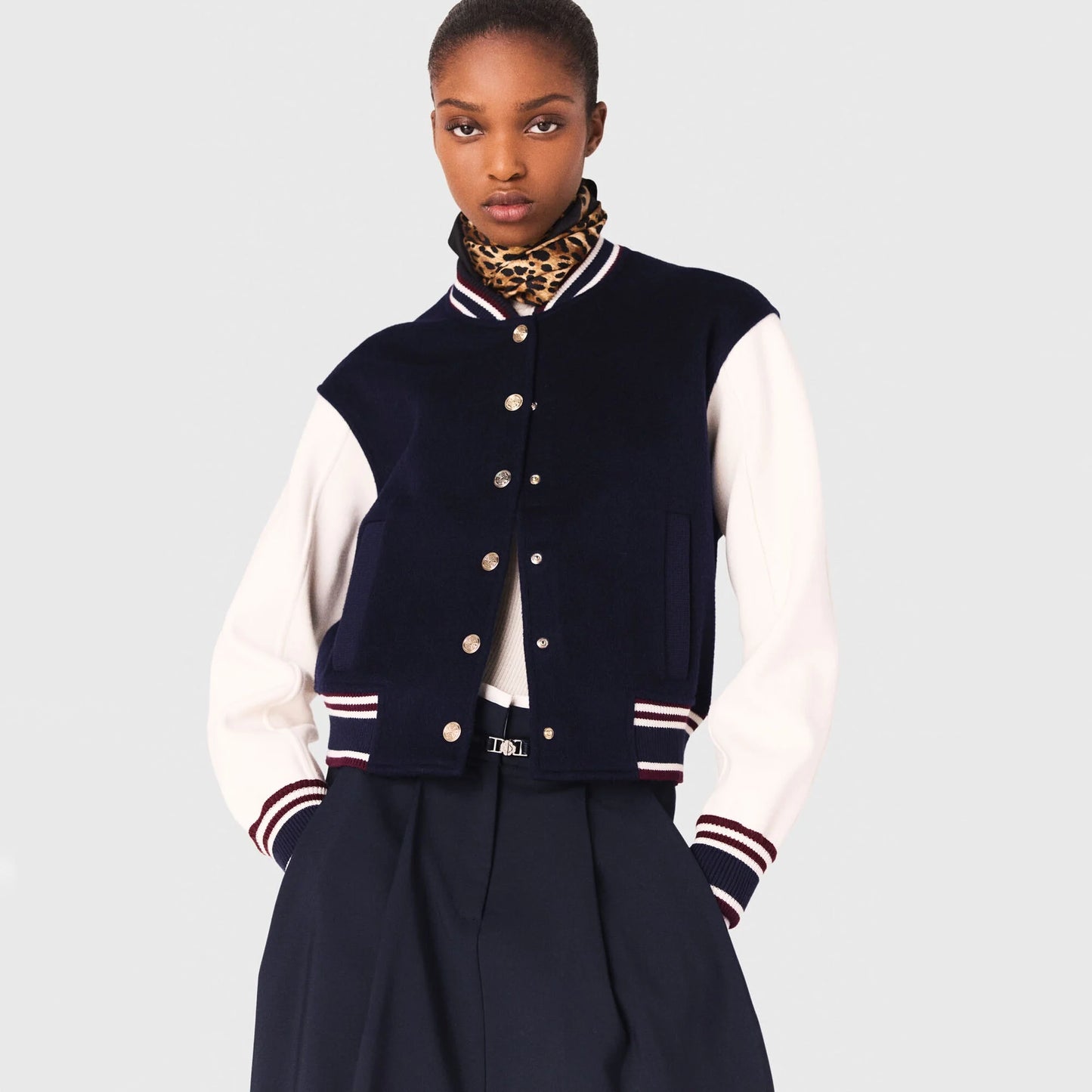 Maje Varsity Jacket in Navy/White, size 36 (fits size small)