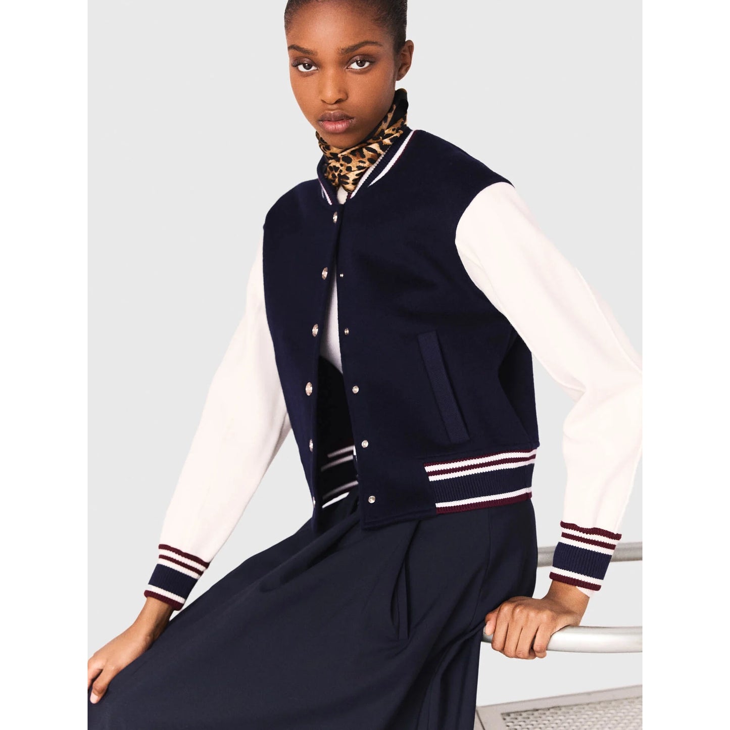 Maje Varsity Jacket in Navy/White, size 36 (fits size small)