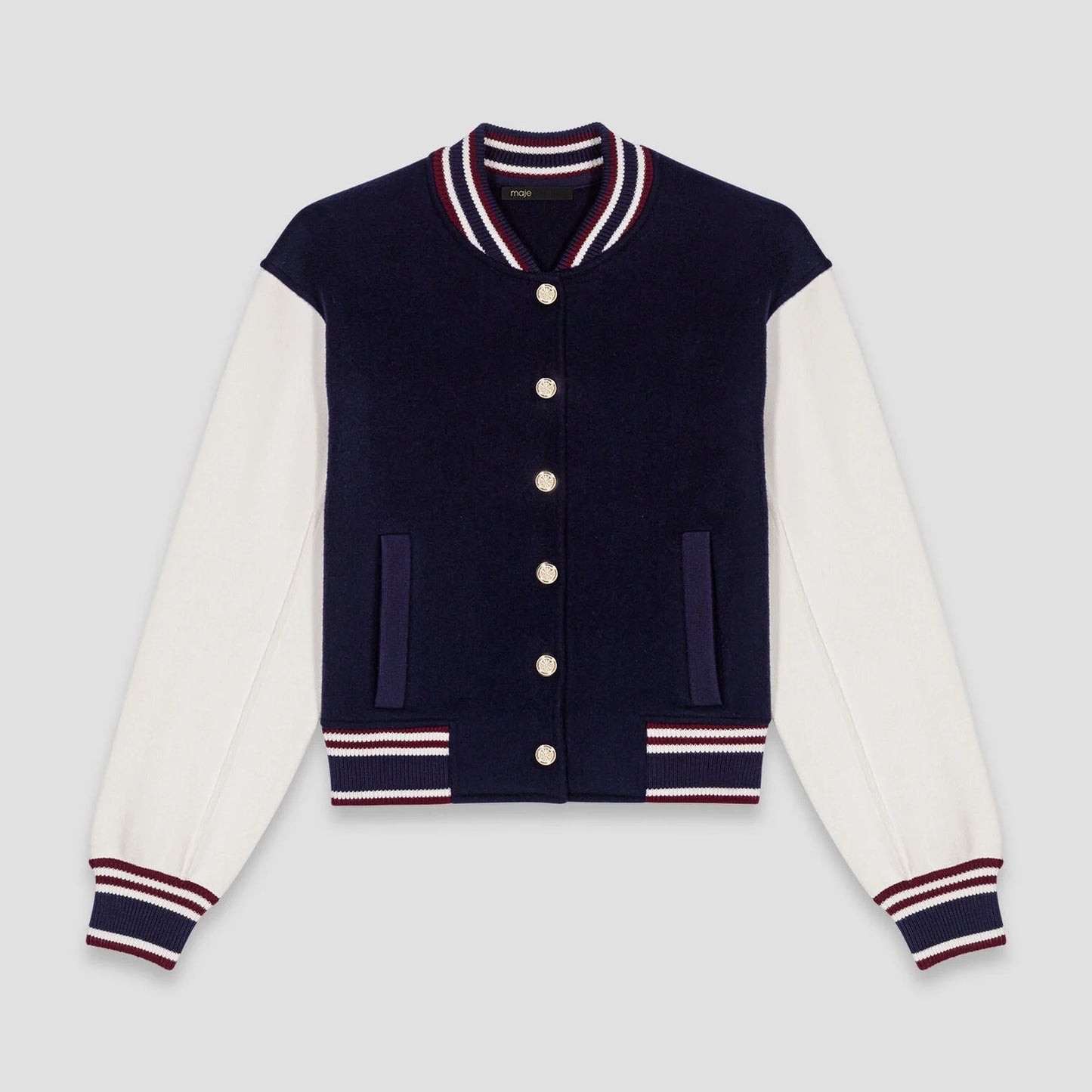 Maje Varsity Jacket in Navy/White, size 36 (fits size small)