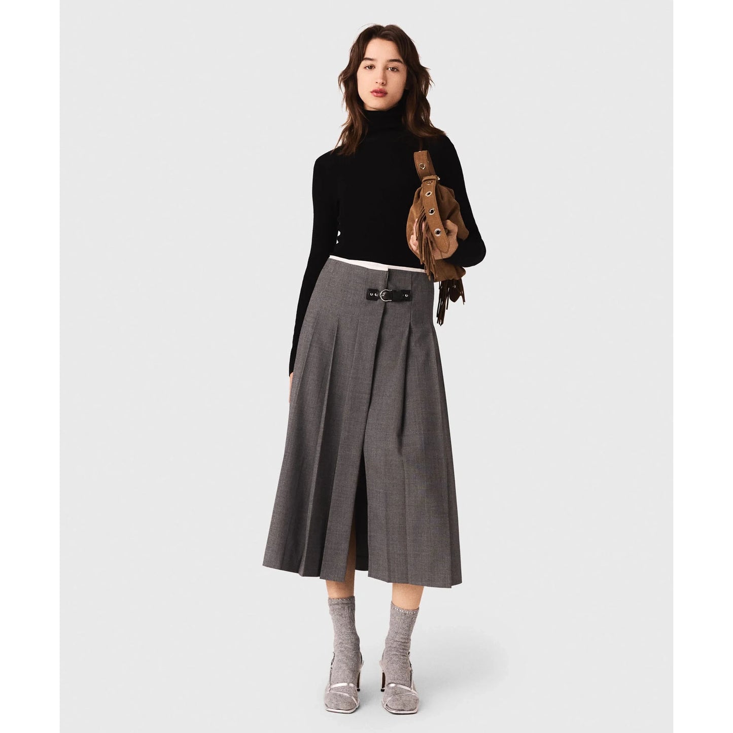 Maje Pleated Wrap Skirt in Grey, size 36 (size Small)