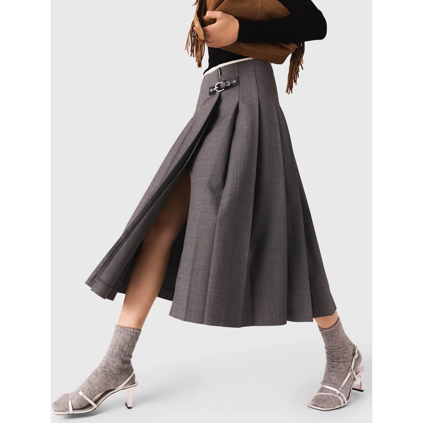 Maje Pleated Wrap Skirt in Grey, size 36 (size Small)
