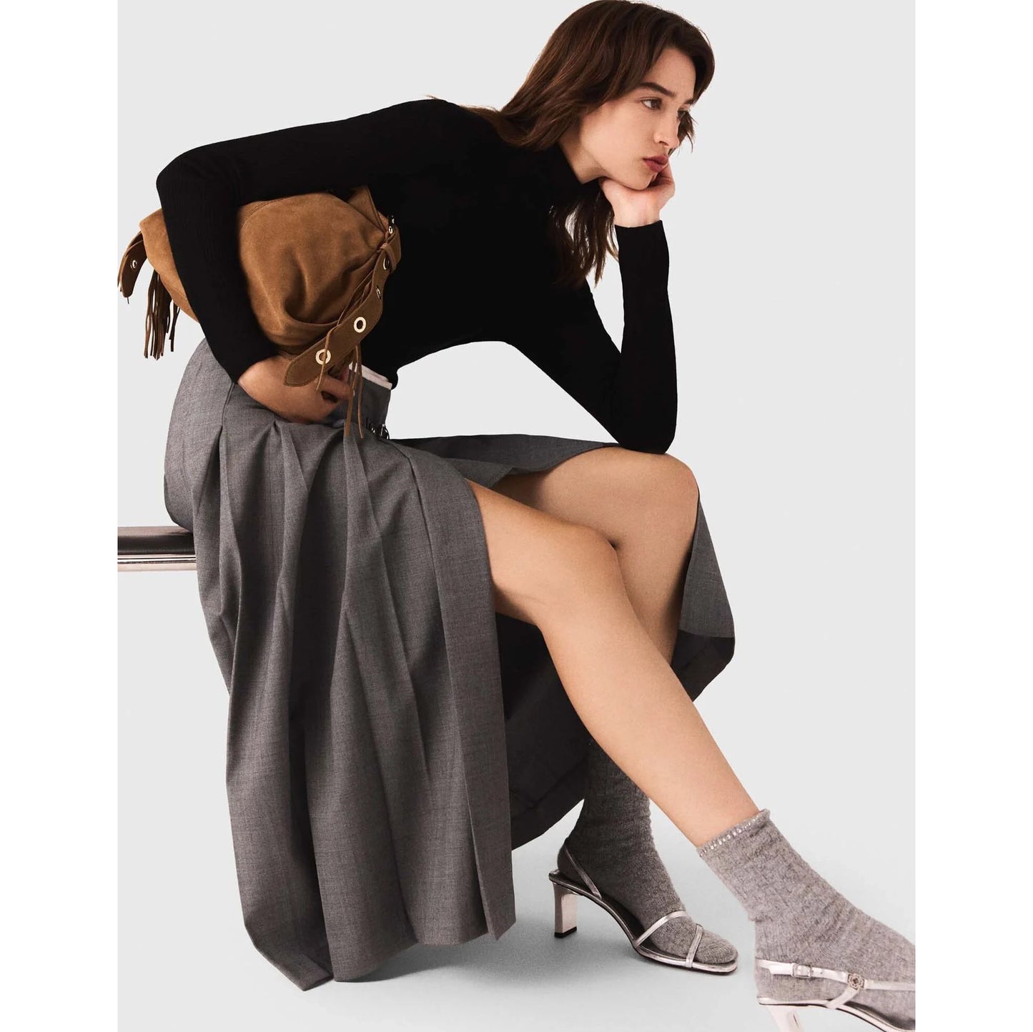 Maje Pleated Wrap Skirt in Grey, size 36 (size Small)