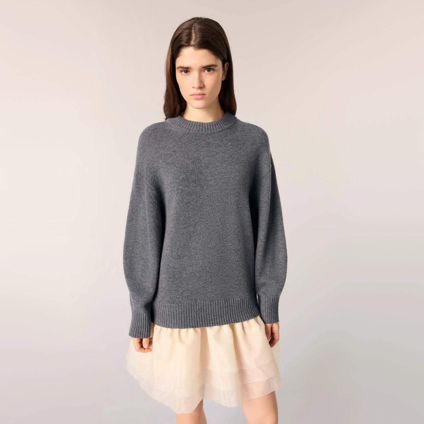 Maje Wool-organza Dual-Fabric Dress in Grey/Cream, size 40 (fits M/L)