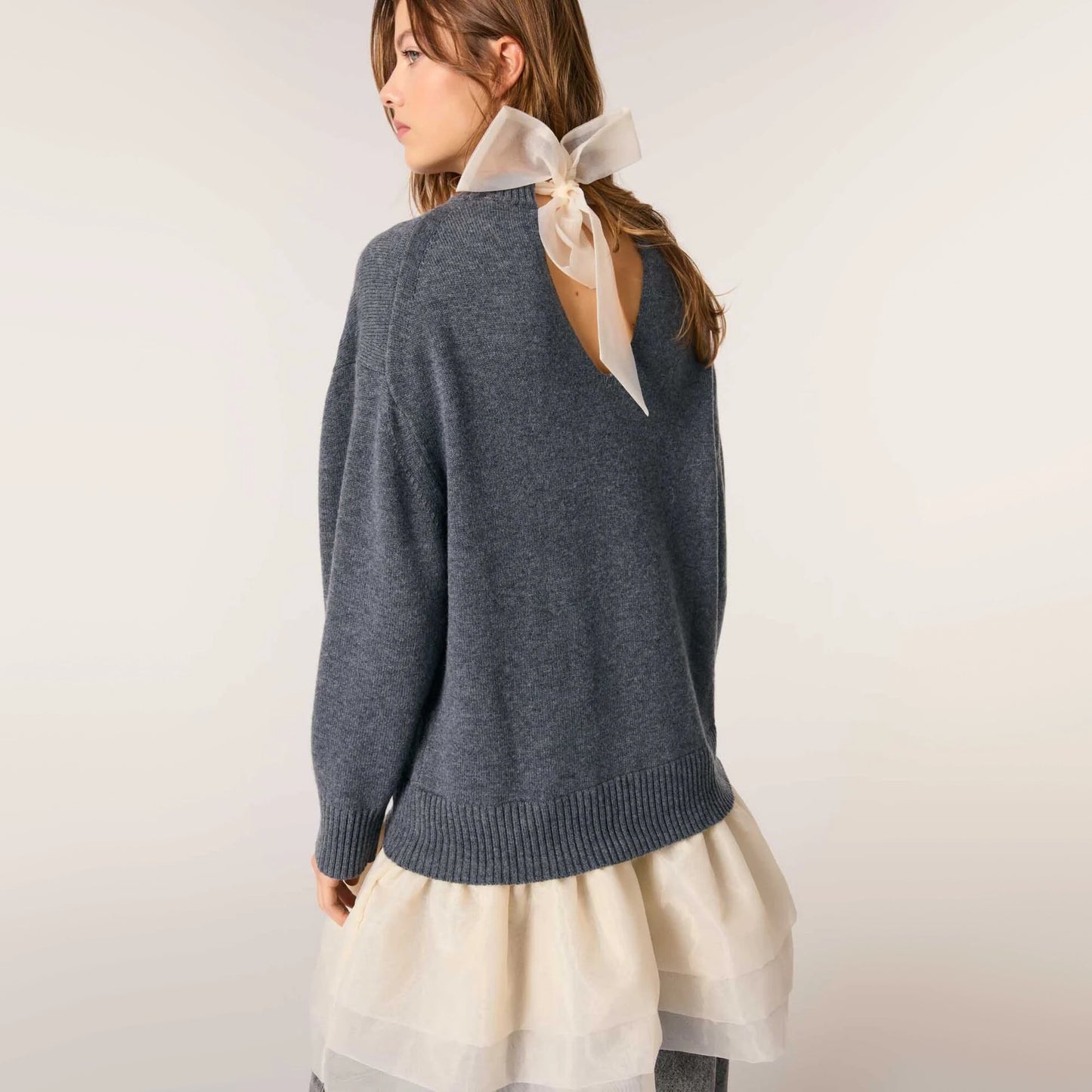 Maje Wool-organza Dual-Fabric Dress in Grey/Cream, size 40 (fits M/L)
