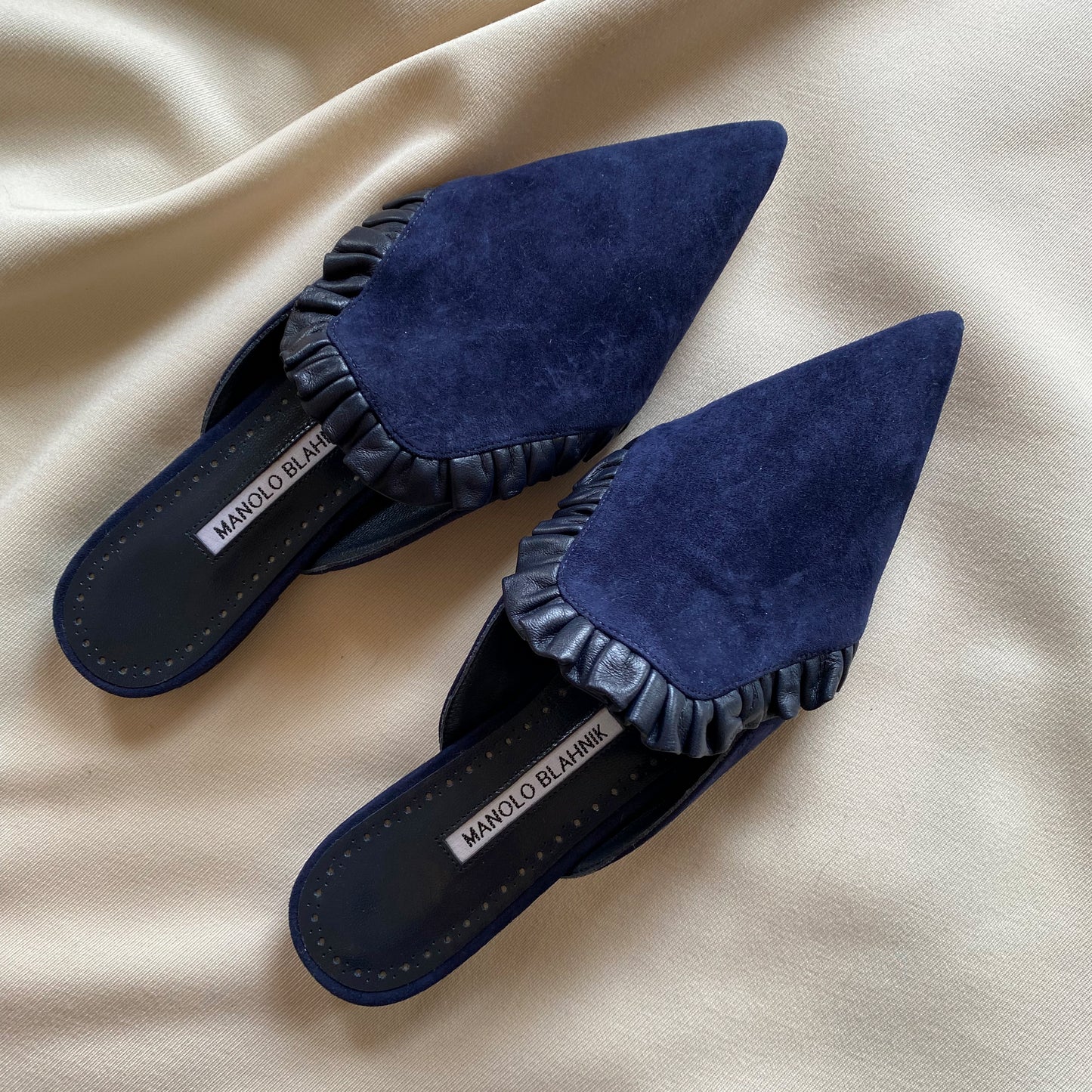 Manolo Blahnik navy suede mules, size 37 (fits like a size 6.5)