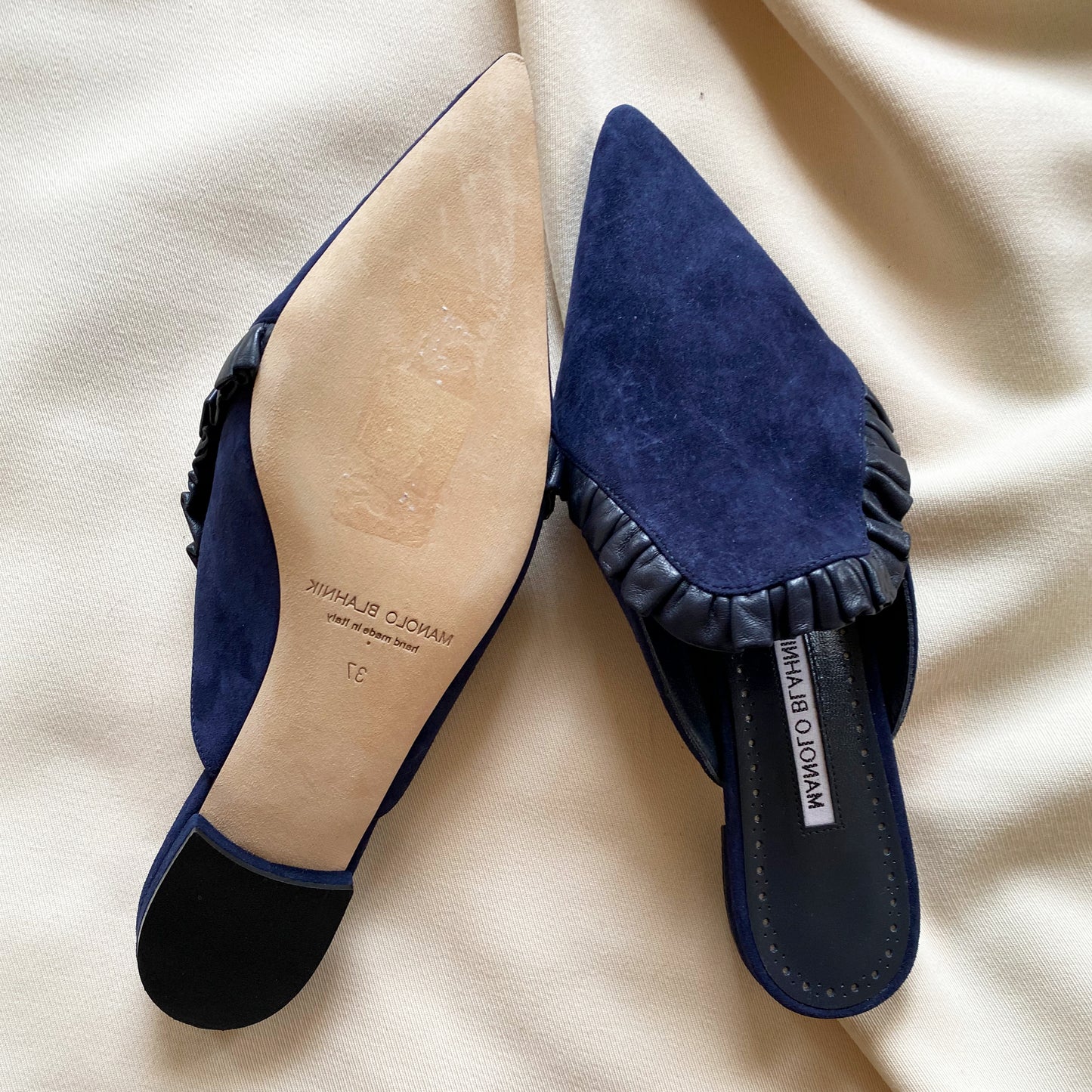 Manolo Blahnik navy suede mules, size 37 (fits like a size 6.5)