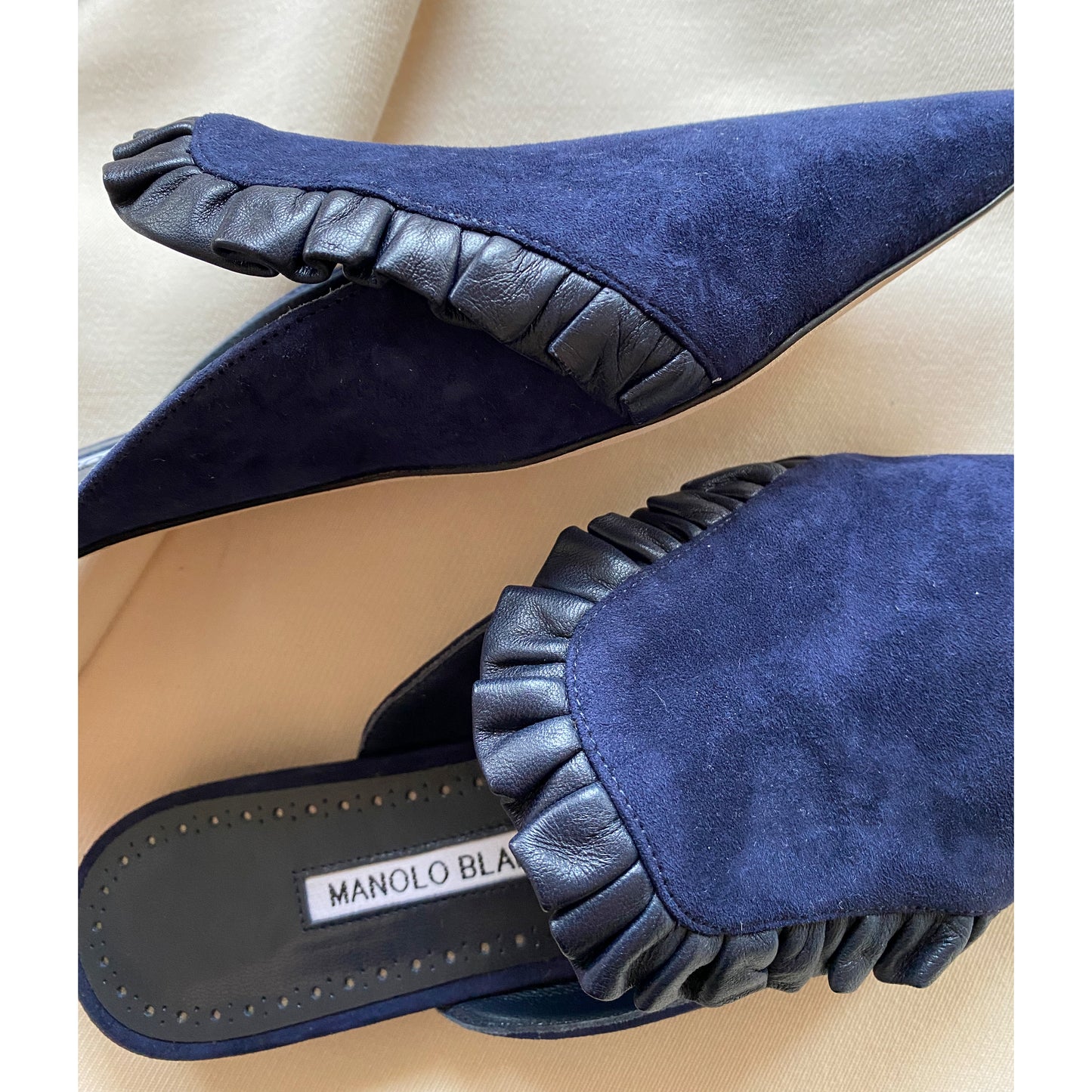 Manolo Blahnik navy suede mules, size 37 (fits like a size 6.5)