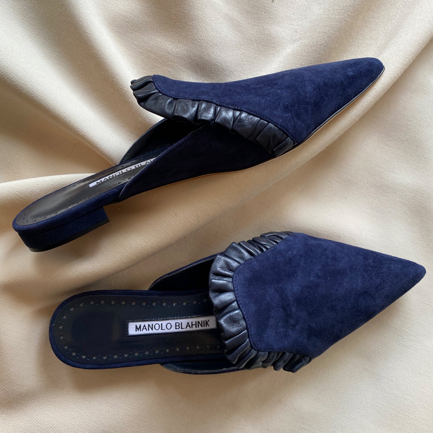 Manolo Blahnik navy suede mules, size 37 (fits like a size 6.5)