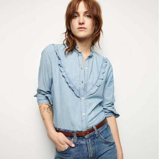 Nili Lotan "Marcela" Chambray Shirt in Light Blue, size Small