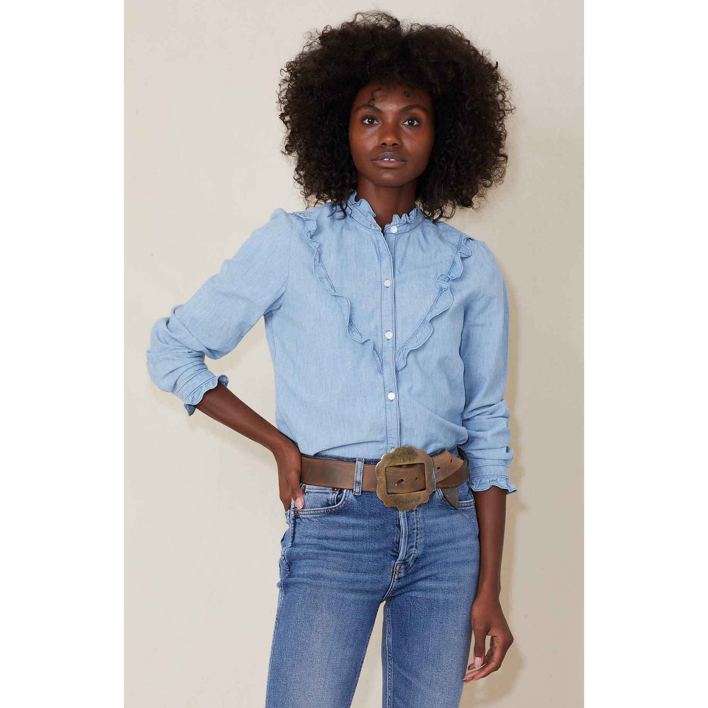 Nili Lotan "Marcela" Chambray Shirt in Light Blue, size Small