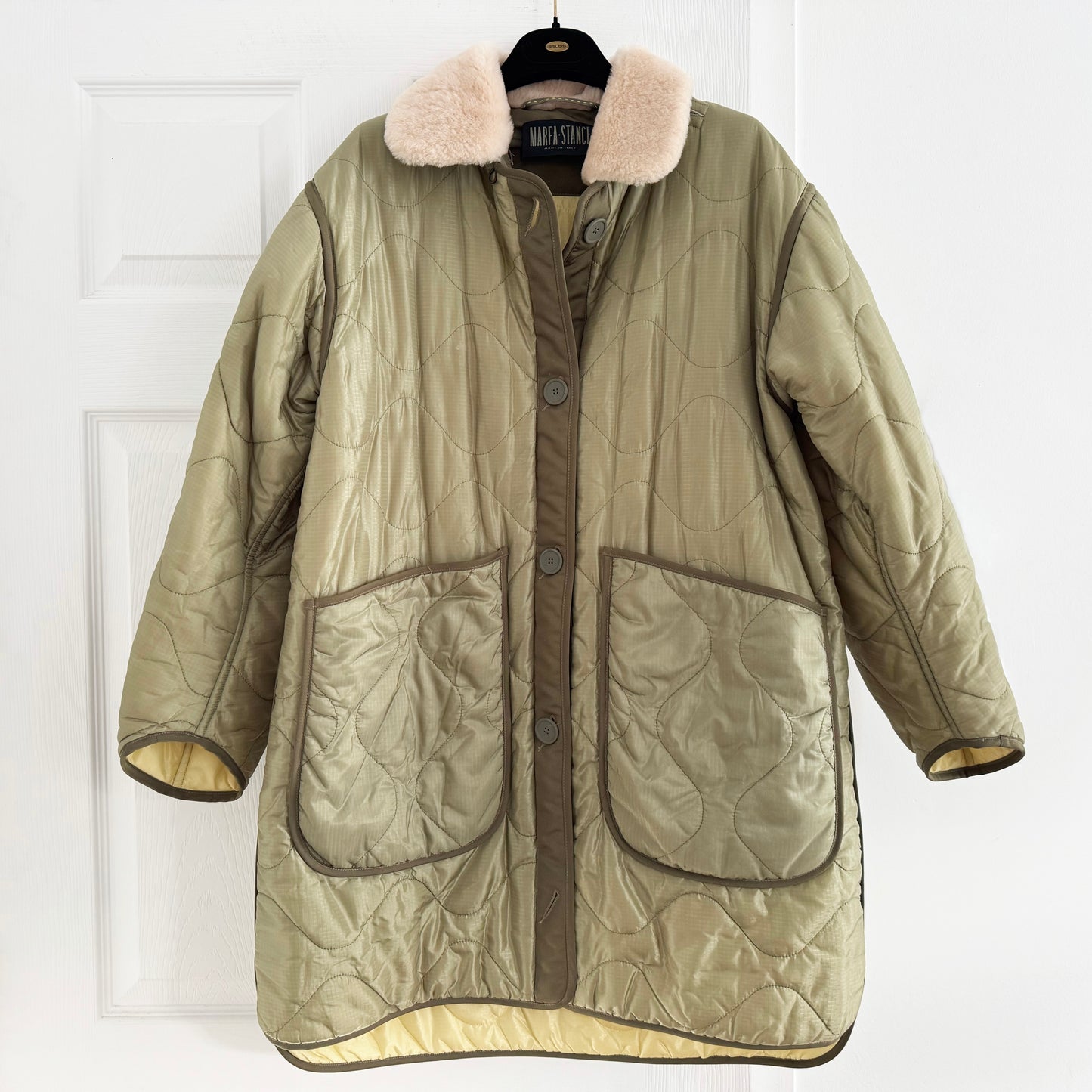 Marfa Stance Jacket w Hood + Fur Collar in Green, size Small