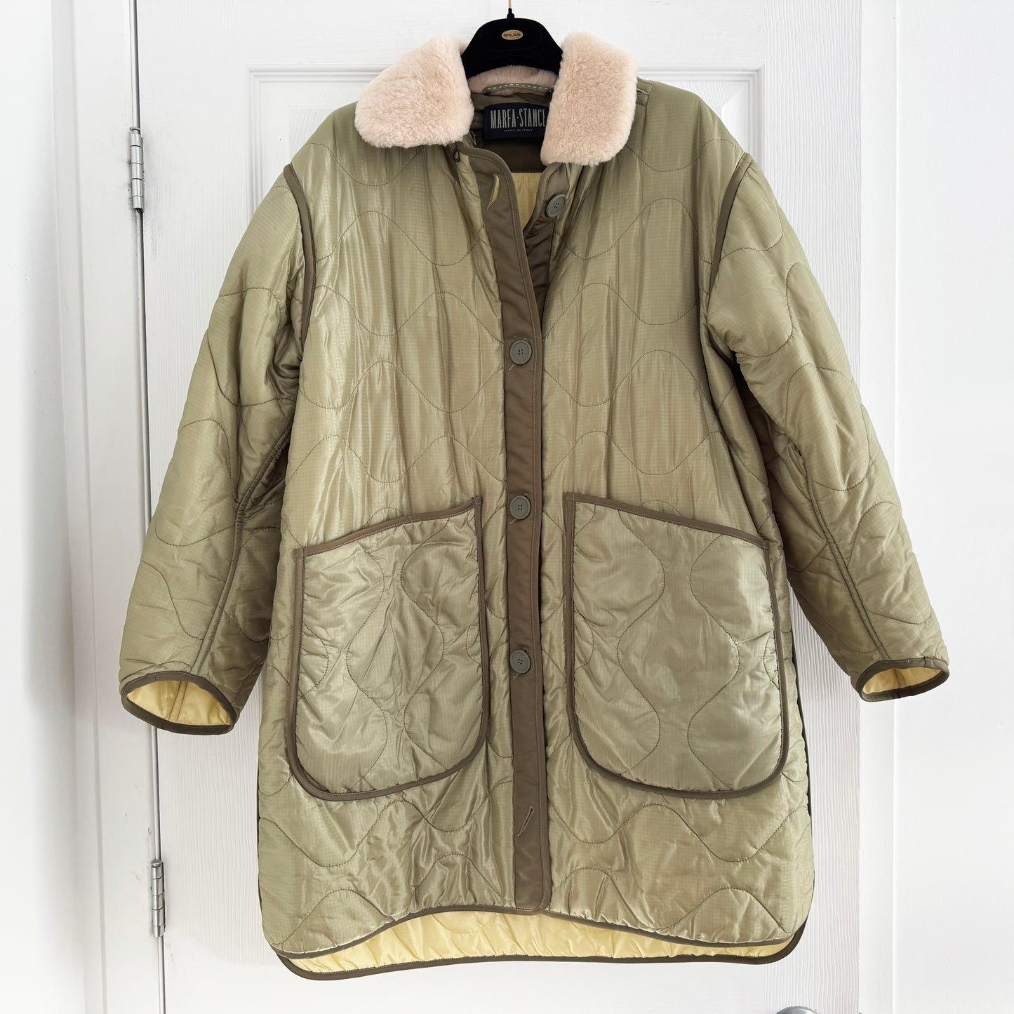 Marfa Stance Jacket w Hood + Fur Collar in Green, size Small