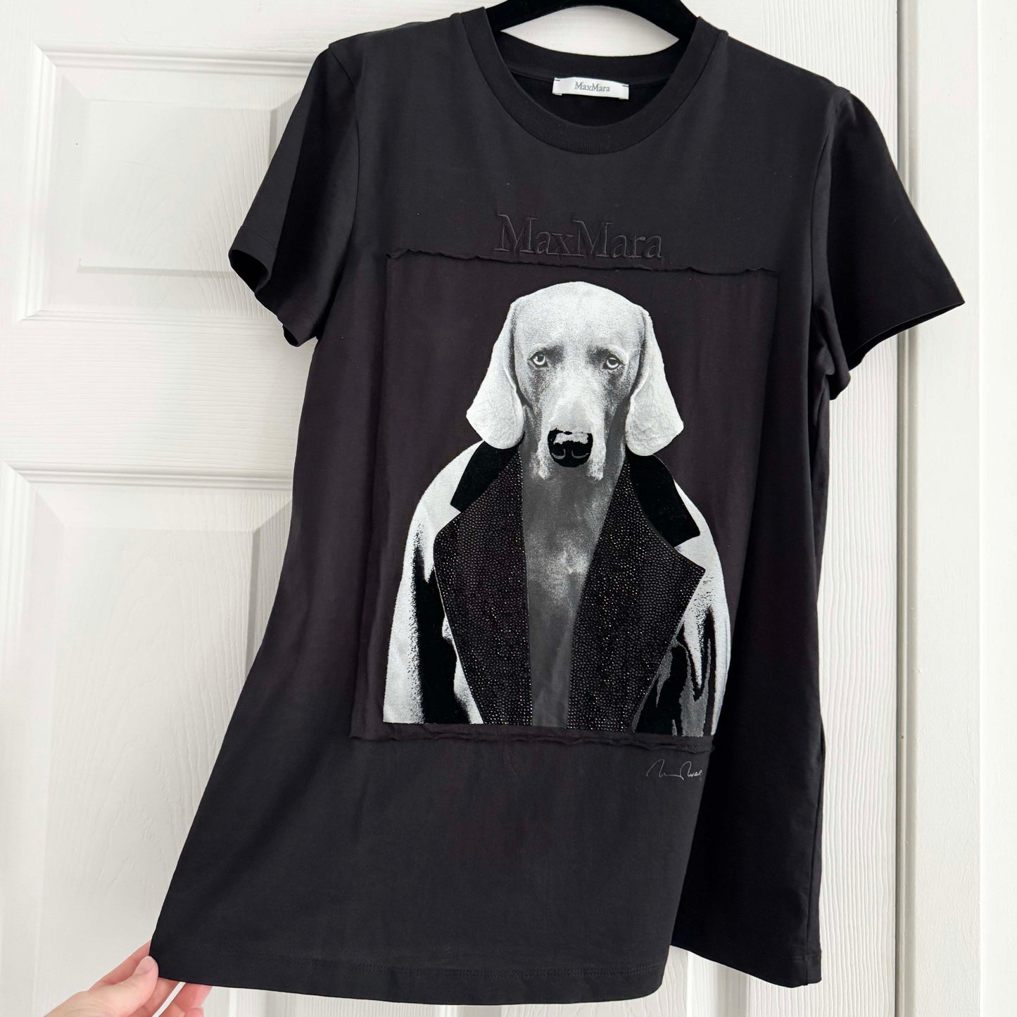Max Mara Dog Print Tee with Strass Detailing in Black, size Small