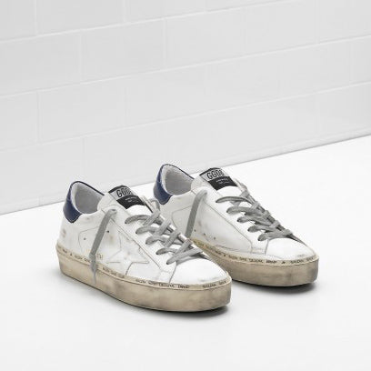 Golden Goose Hi-Star Sneaker in White w Navy Patch, size 36