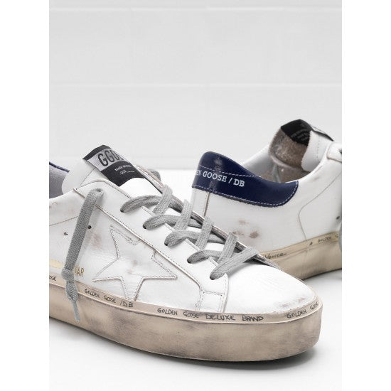 Golden Goose Hi-Star Sneaker in White w Navy Patch, size 36