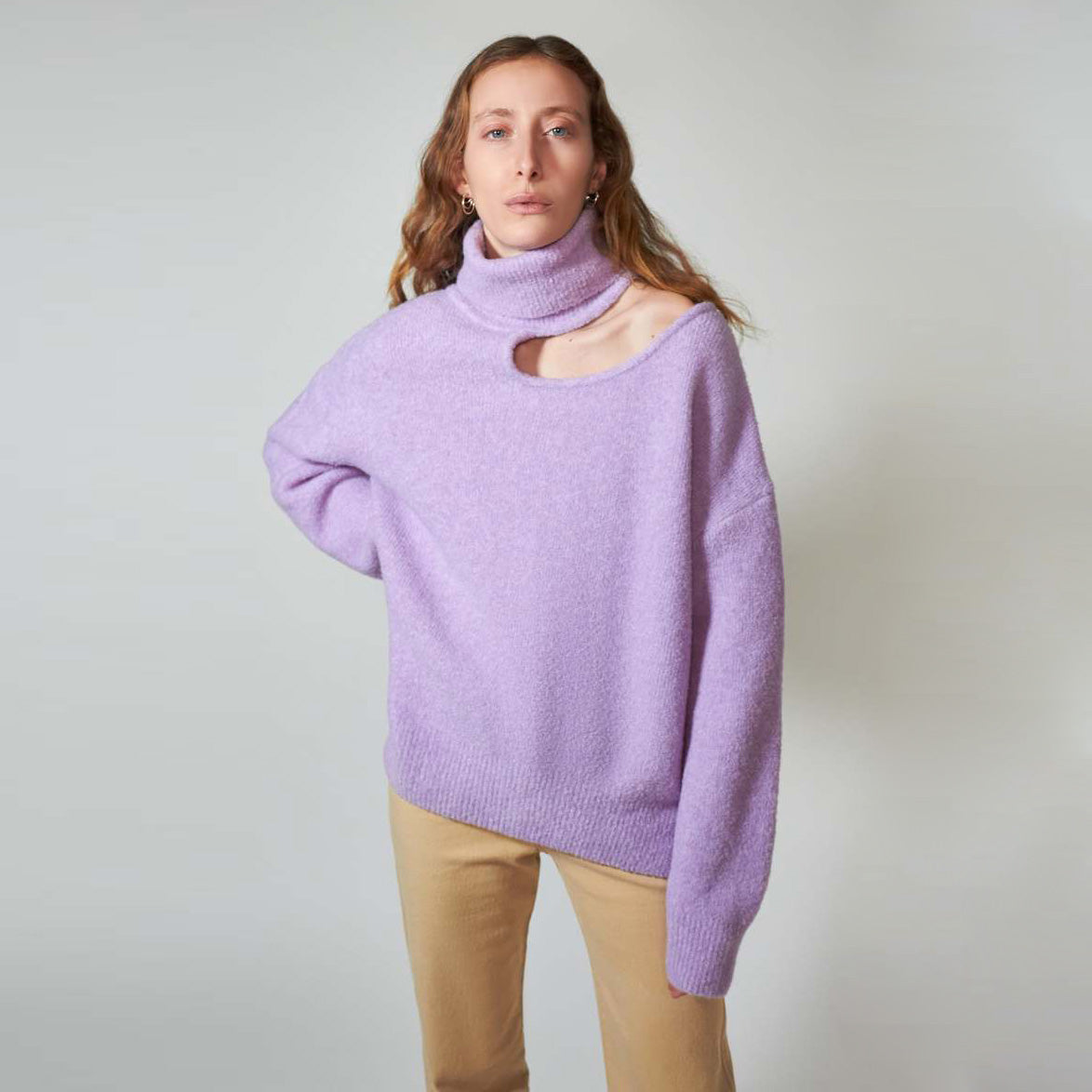 Rejina Pyo "Miki" Cutout Neckline Turtleneck in Purple, size XS