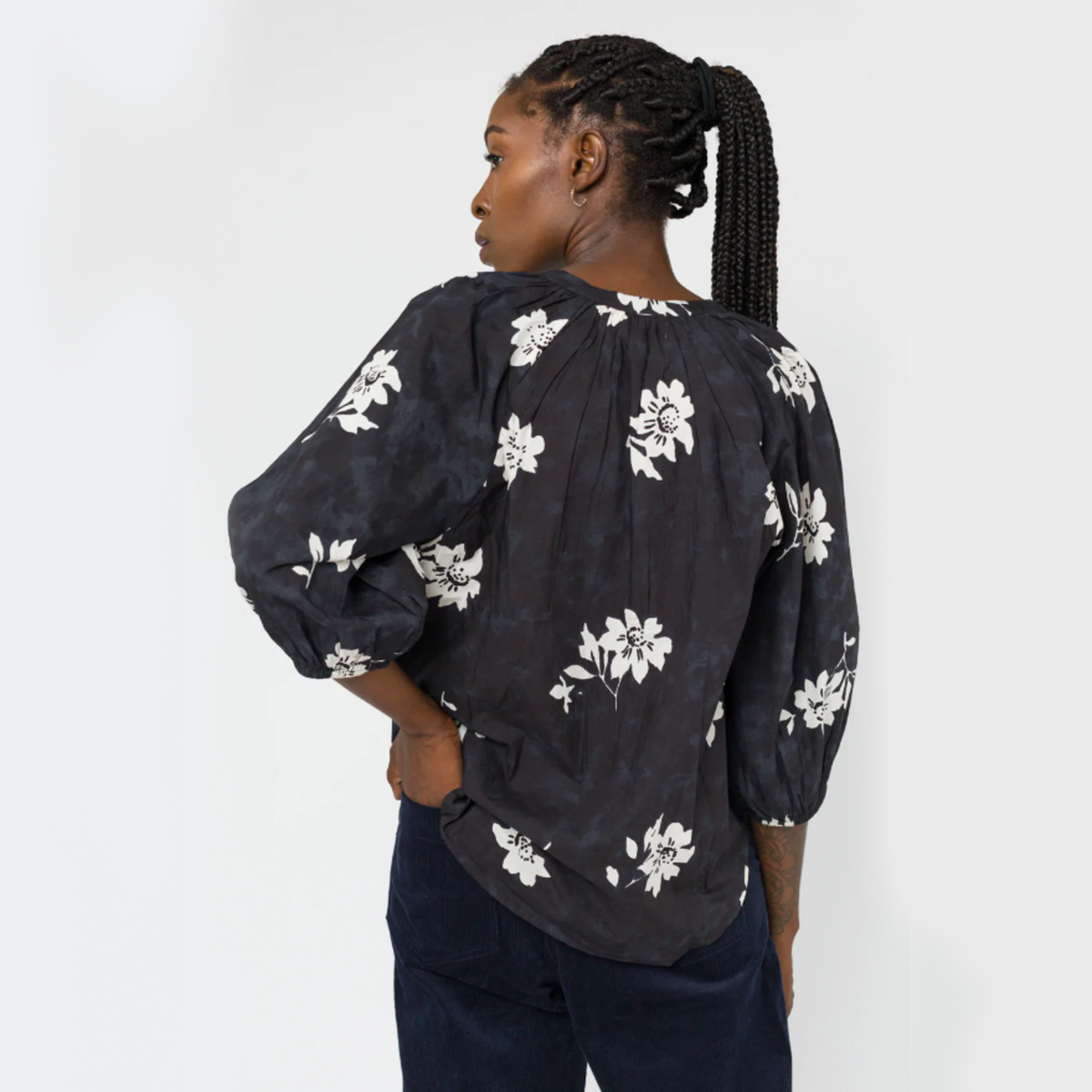 Apiece Apart "Mitte" Floral Print Top in Black/Blue/Ivory, size XS