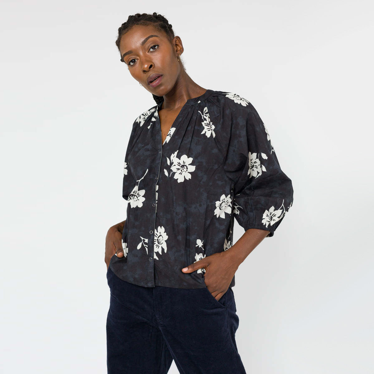 Apiece Apart "Mitte" Floral Print Top in Black/Blue/Ivory, size XS