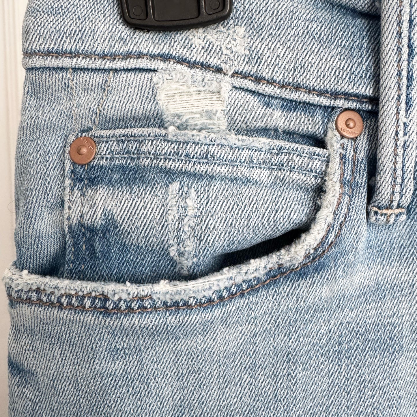 Mother "Circle Midi Fray" Denim Skirt in "Crossroads", size 27