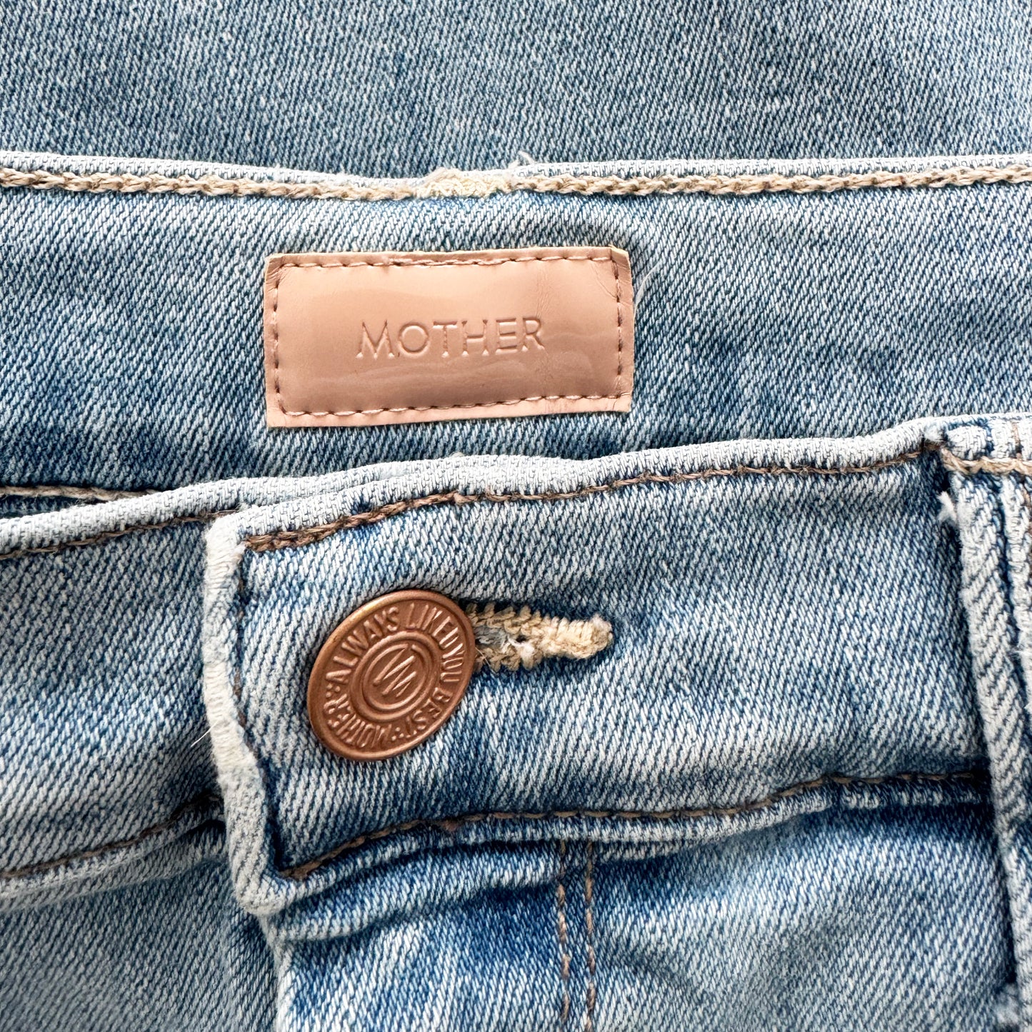 Mother "Circle Midi Fray" Denim Skirt in "Crossroads", size 27