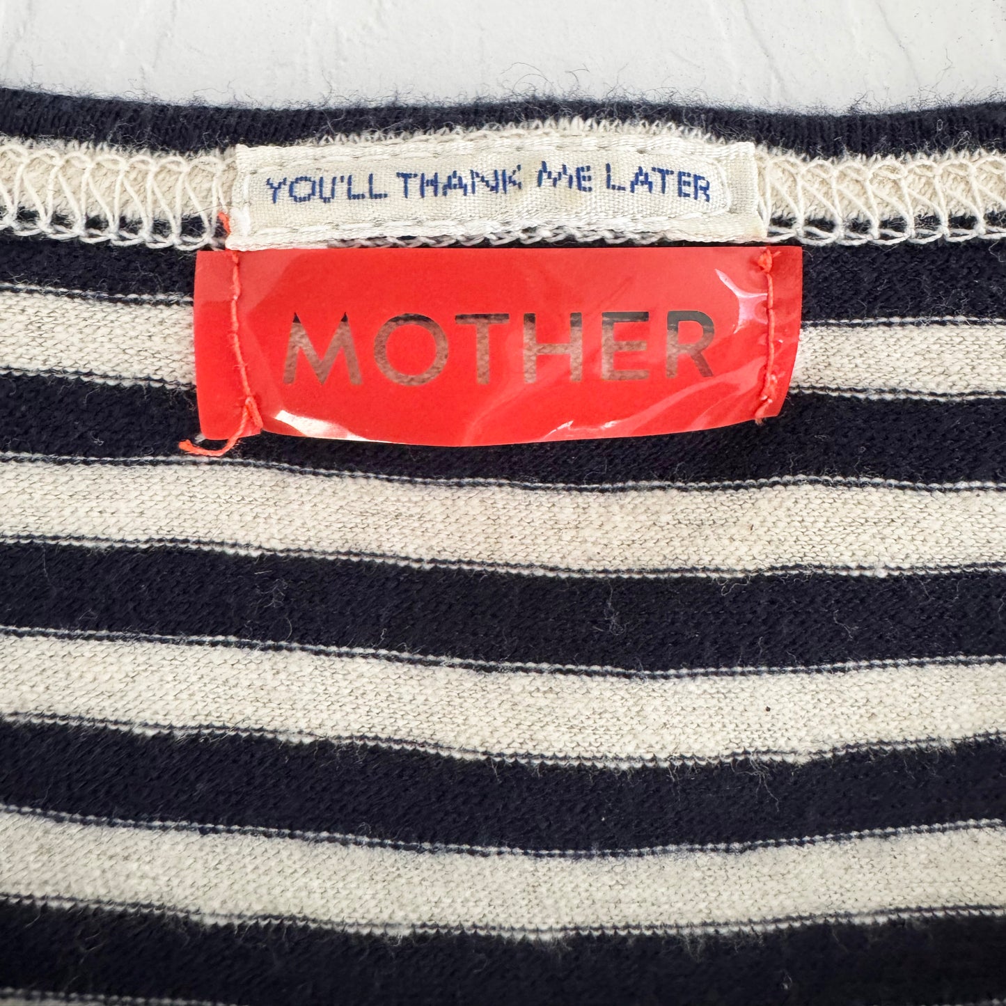 Mother "Dugout Scoop Pocket" Striped Tee in Navy/White, size Small