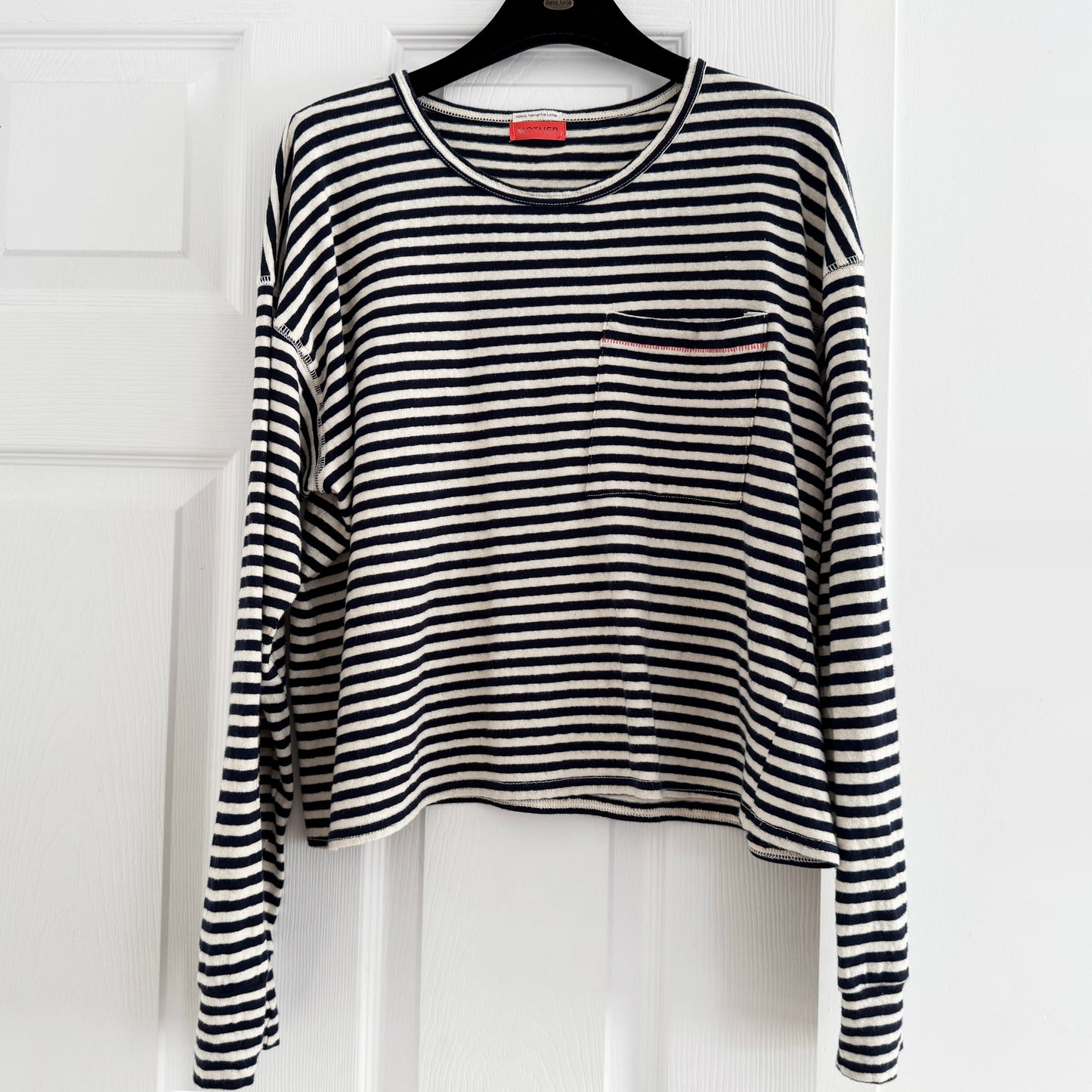 Mother "Dugout Scoop Pocket" Striped Tee in Navy/White, size Small