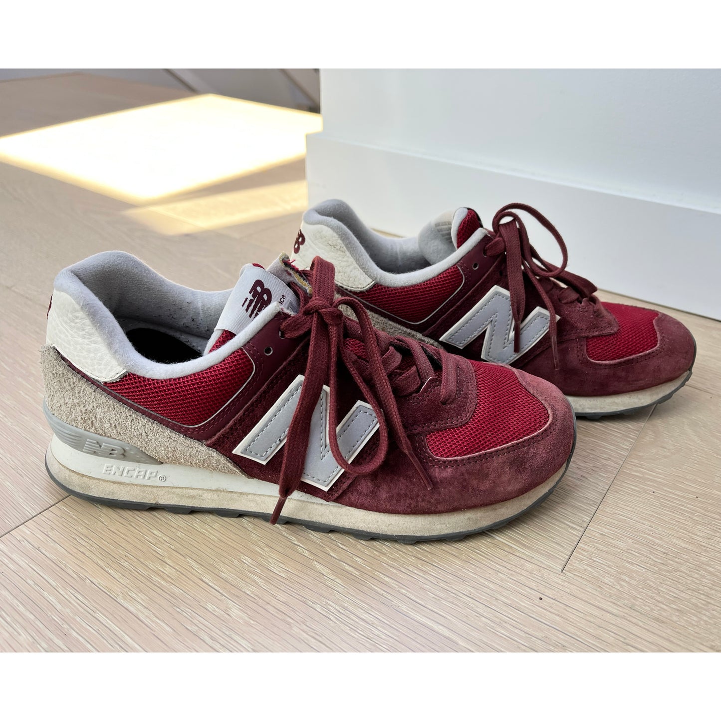 New Balance 574 in Burgundy Suede, size 7.5 Mens/9 Womens