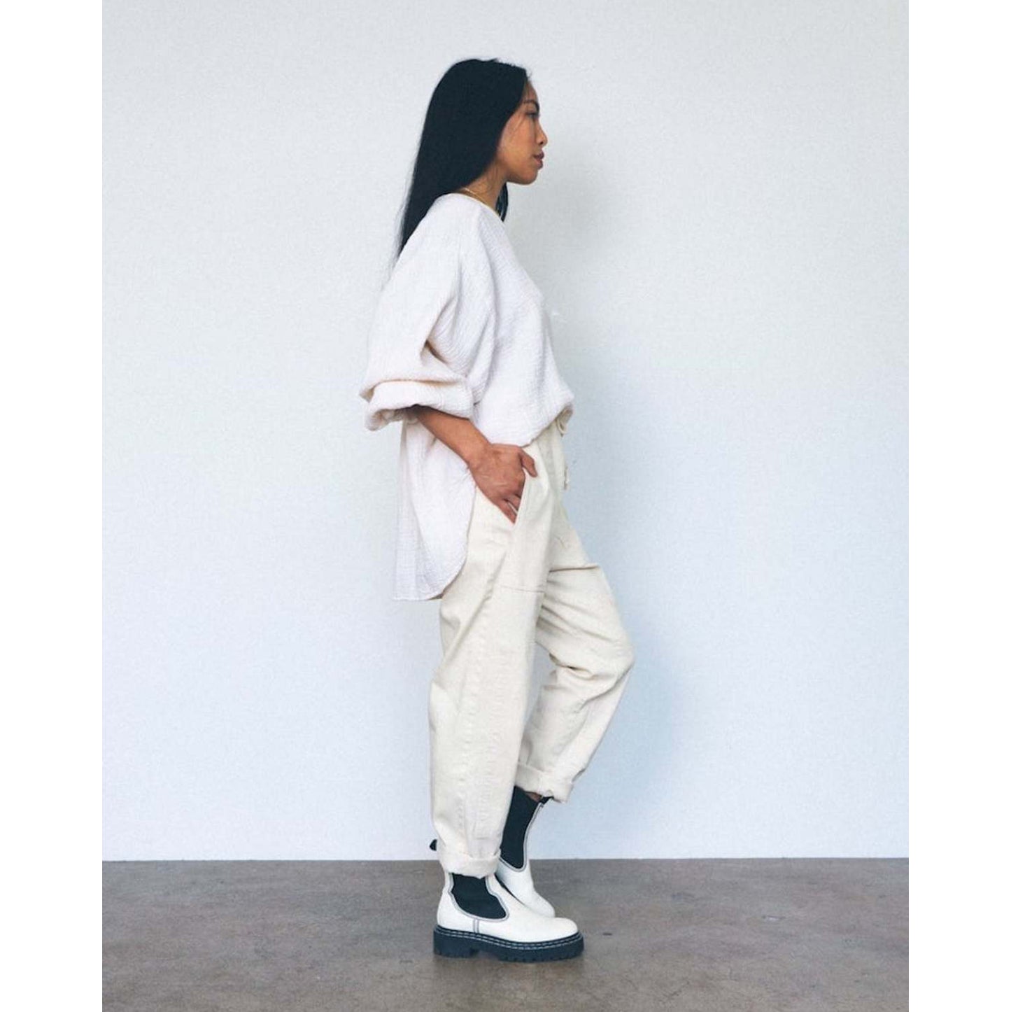 Nico Nico "Bruno" patchwork pant in off-white, Size Medium