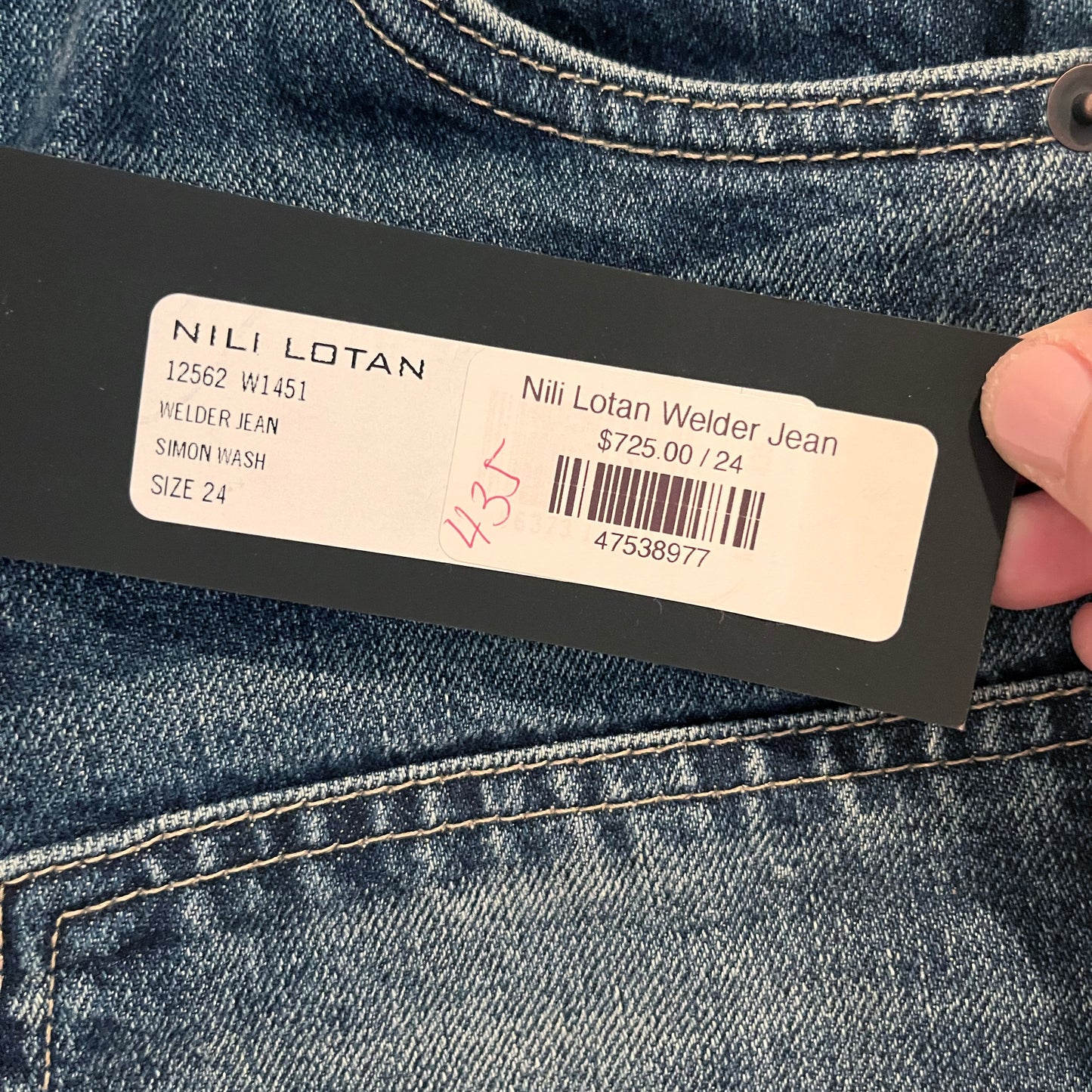 Nili Lotan "Welder" Jeans in Simon Blue, size 24 (fits 25)