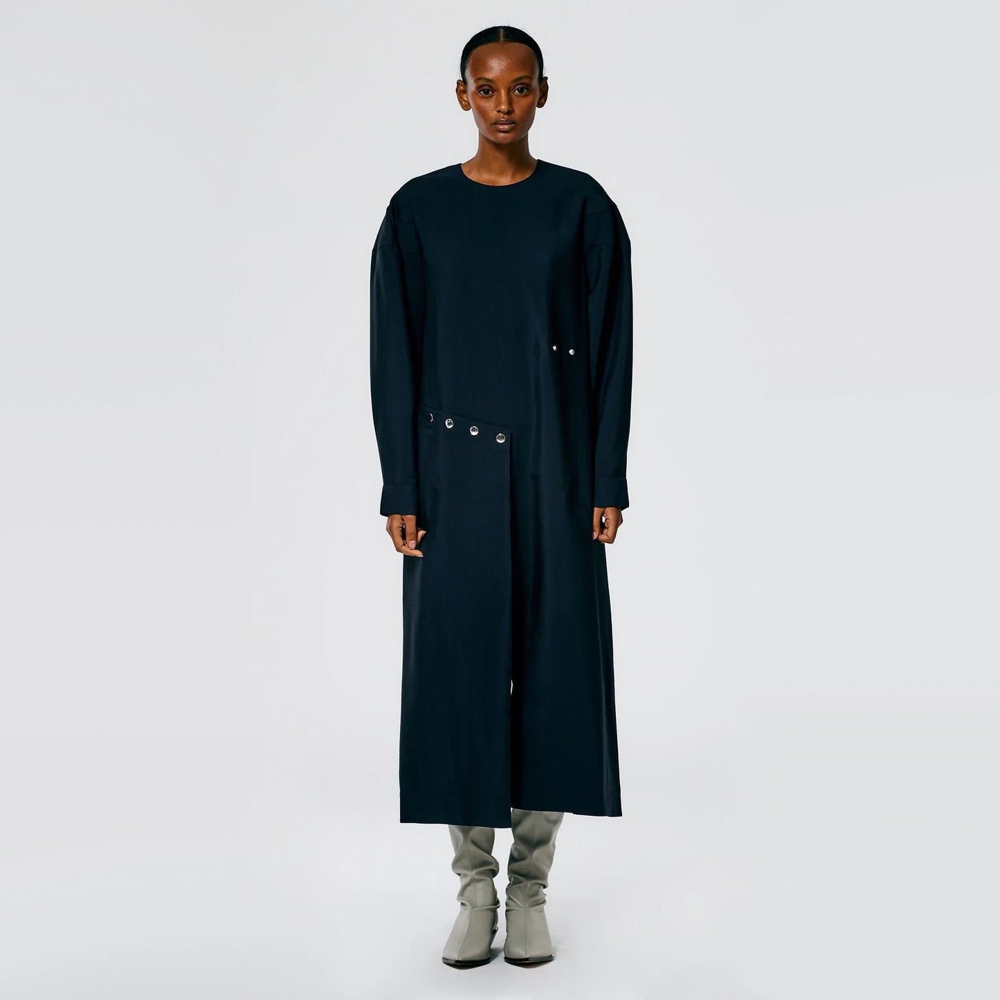Tibi Viscose Plainweave Asymmetric Flap Snap Dress in Navy, size 12