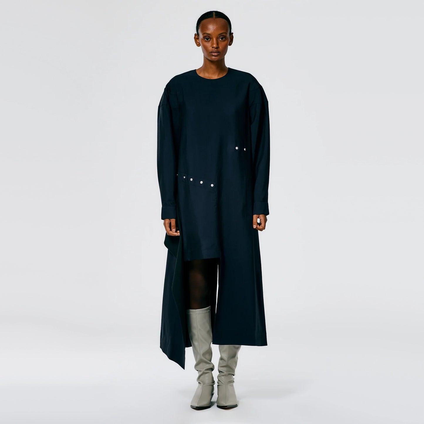 Tibi Viscose Plainweave Asymmetric Flap Snap Dress in Navy, size 12