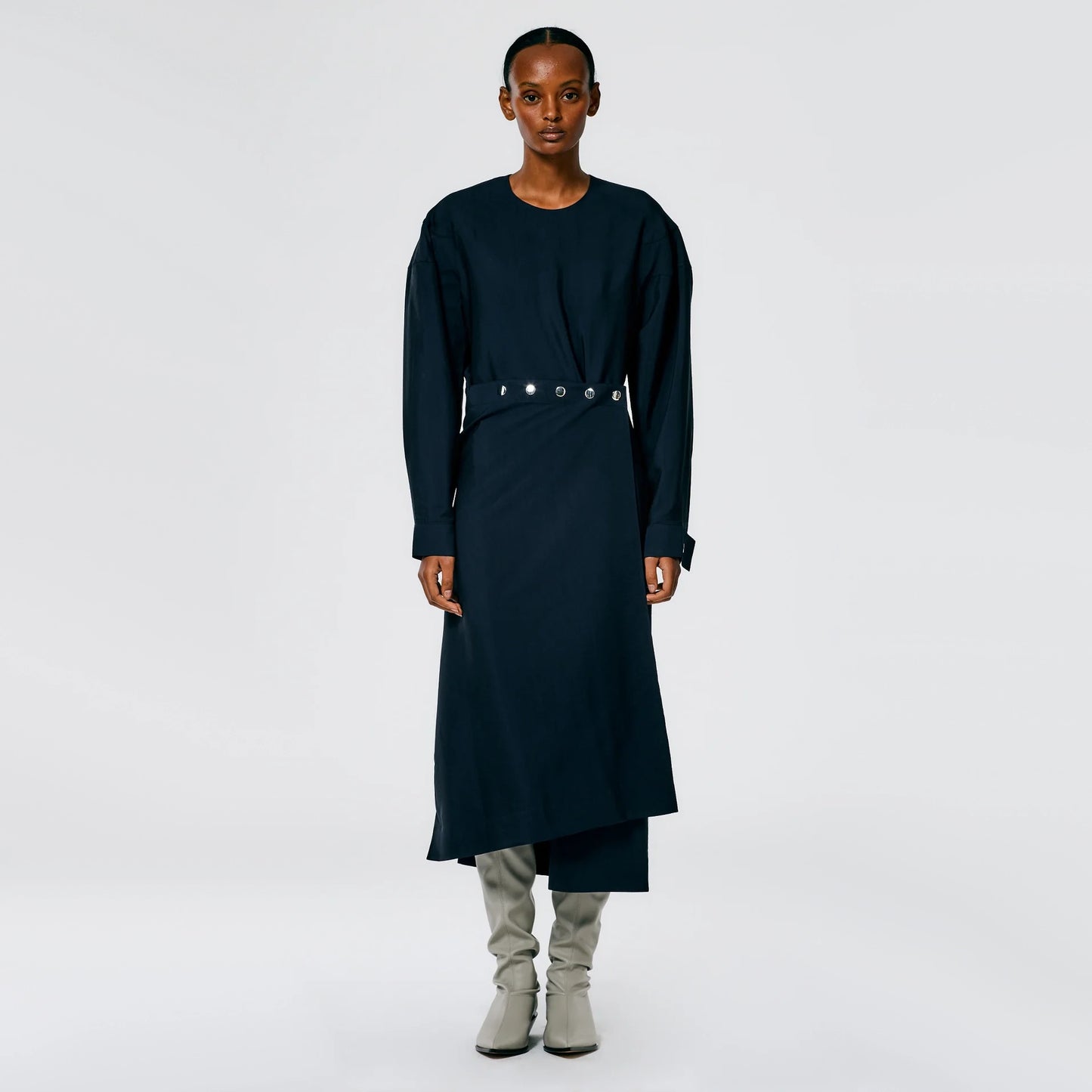 Tibi Viscose Plainweave Asymmetric Flap Snap Dress in Navy, size 12