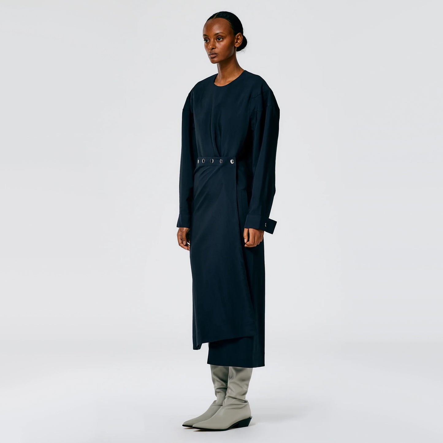Tibi Viscose Plainweave Asymmetric Flap Snap Dress in Navy, size 12