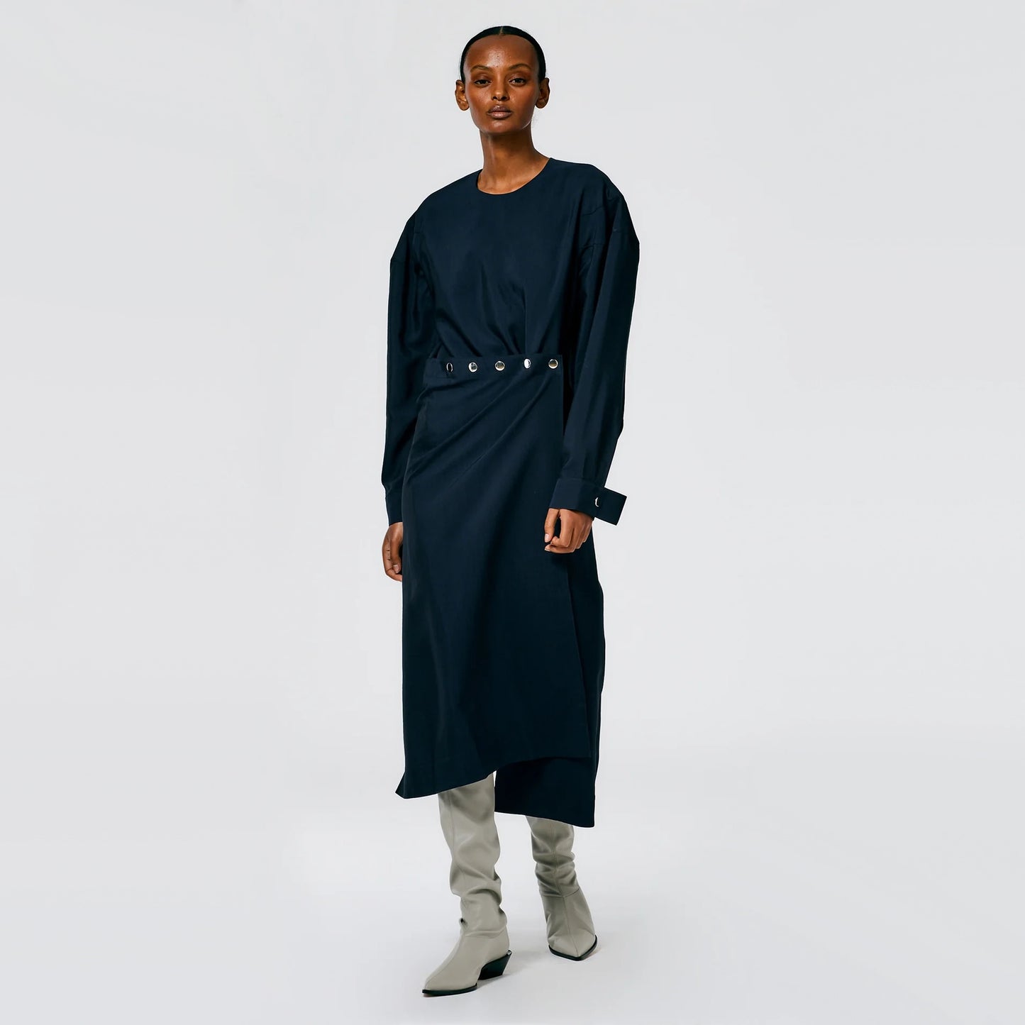 Tibi Viscose Plainweave Asymmetric Flap Snap Dress in Navy, size 12