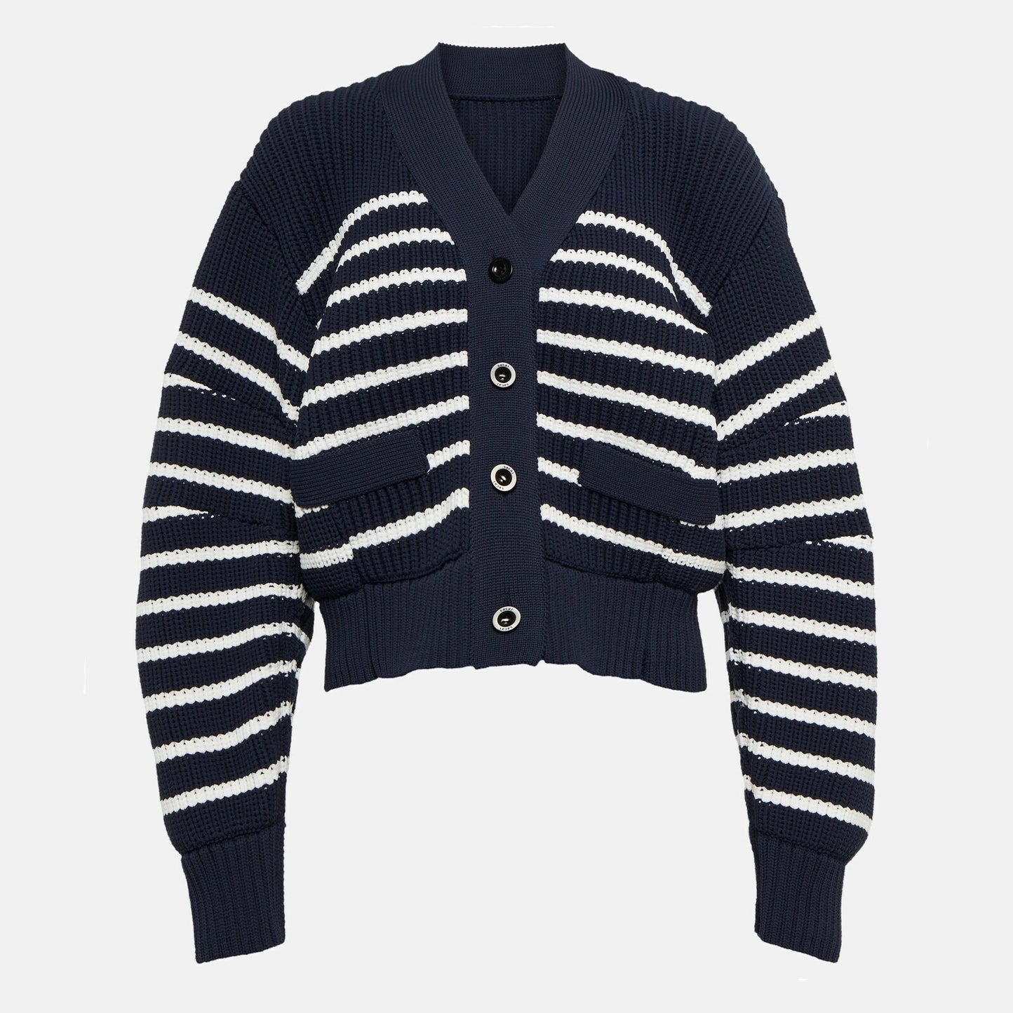 Sacai Horizontal Stripe Knit Cardigan in Navy, size Small