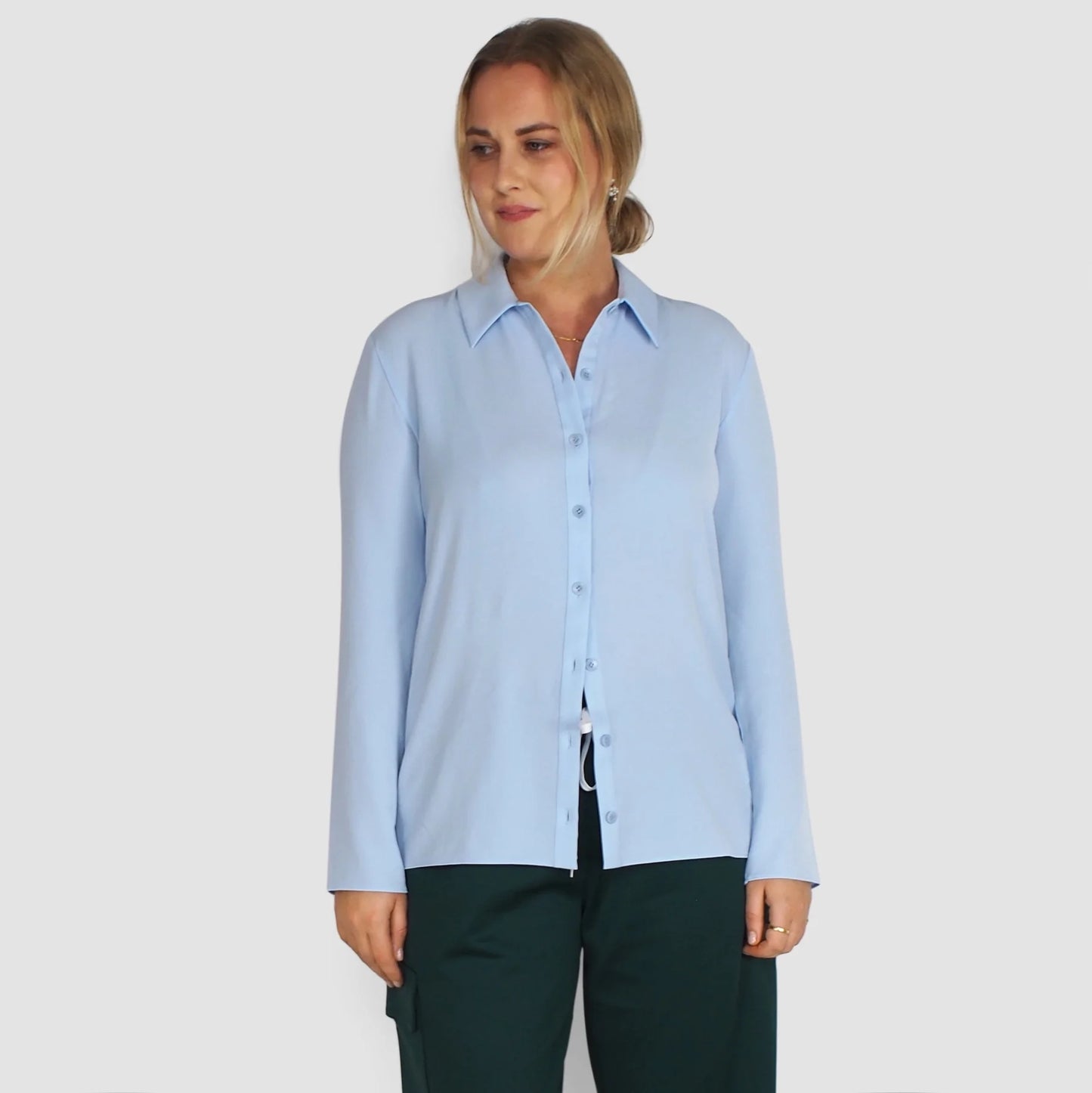 Tibi Soft Drape Slim Shirt in Light Blue, size 12