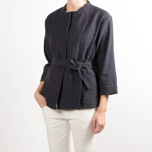 Veste Pomandere Belted Navy en toile de coton/lin, taille 40, convient comme une taille 4/6