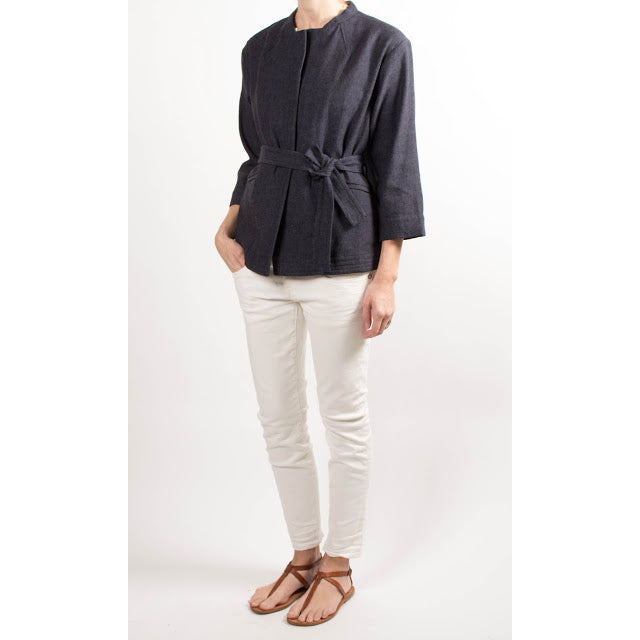 Veste Pomandere Belted Navy en toile de coton/lin, taille 40, convient comme une taille 4/6