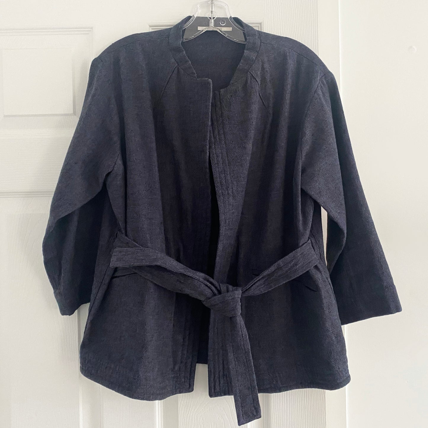 Veste Pomandere Belted Navy en toile de coton/lin, taille 40, convient comme une taille 4/6