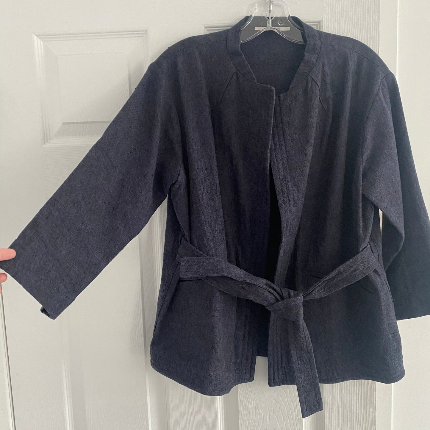 Veste Pomandere Belted Navy en toile de coton/lin, taille 40, convient comme une taille 4/6