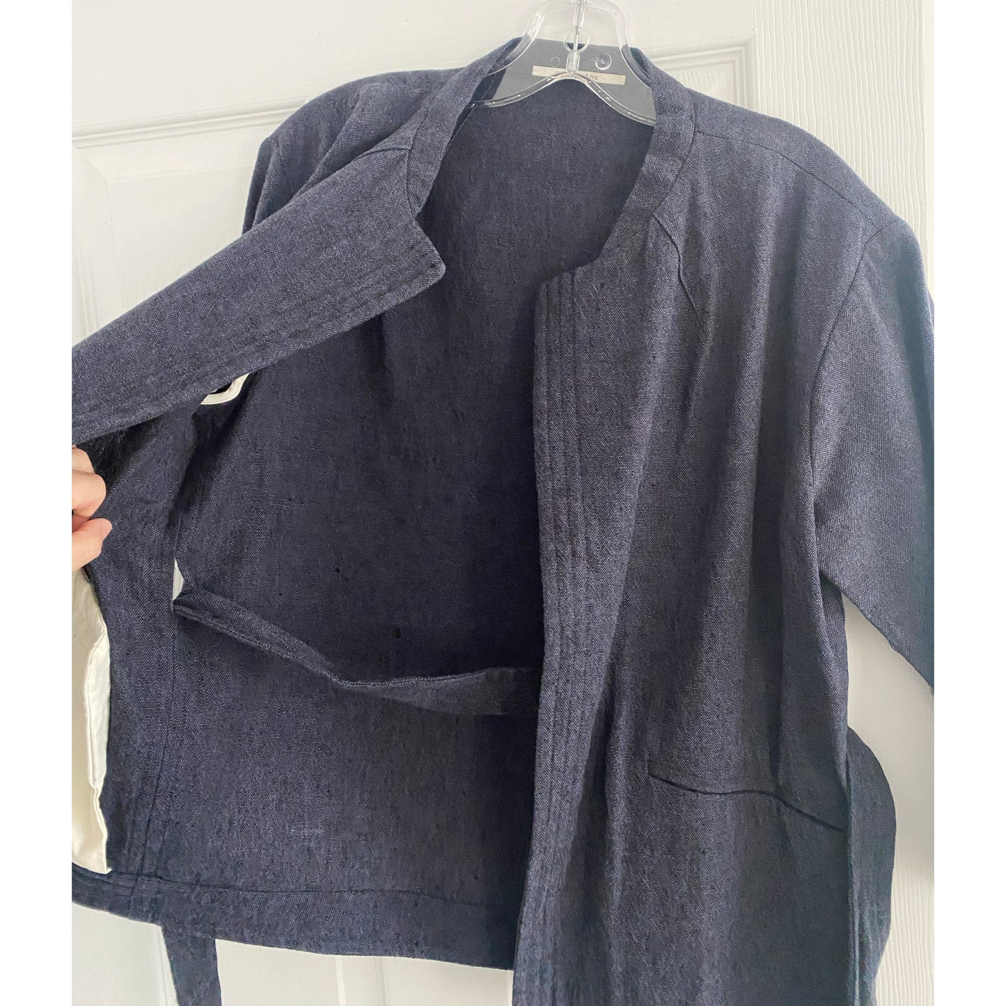 Veste Pomandere Belted Navy en toile de coton/lin, taille 40, convient comme une taille 4/6