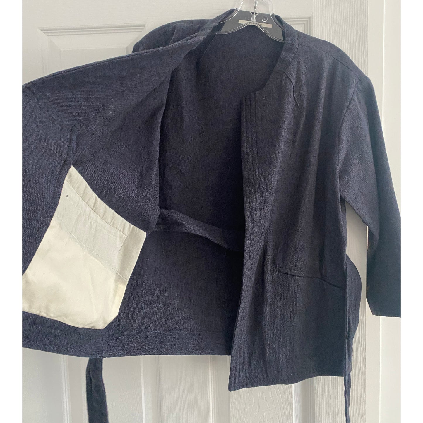 Veste Pomandere Belted Navy en toile de coton/lin, taille 40, convient comme une taille 4/6