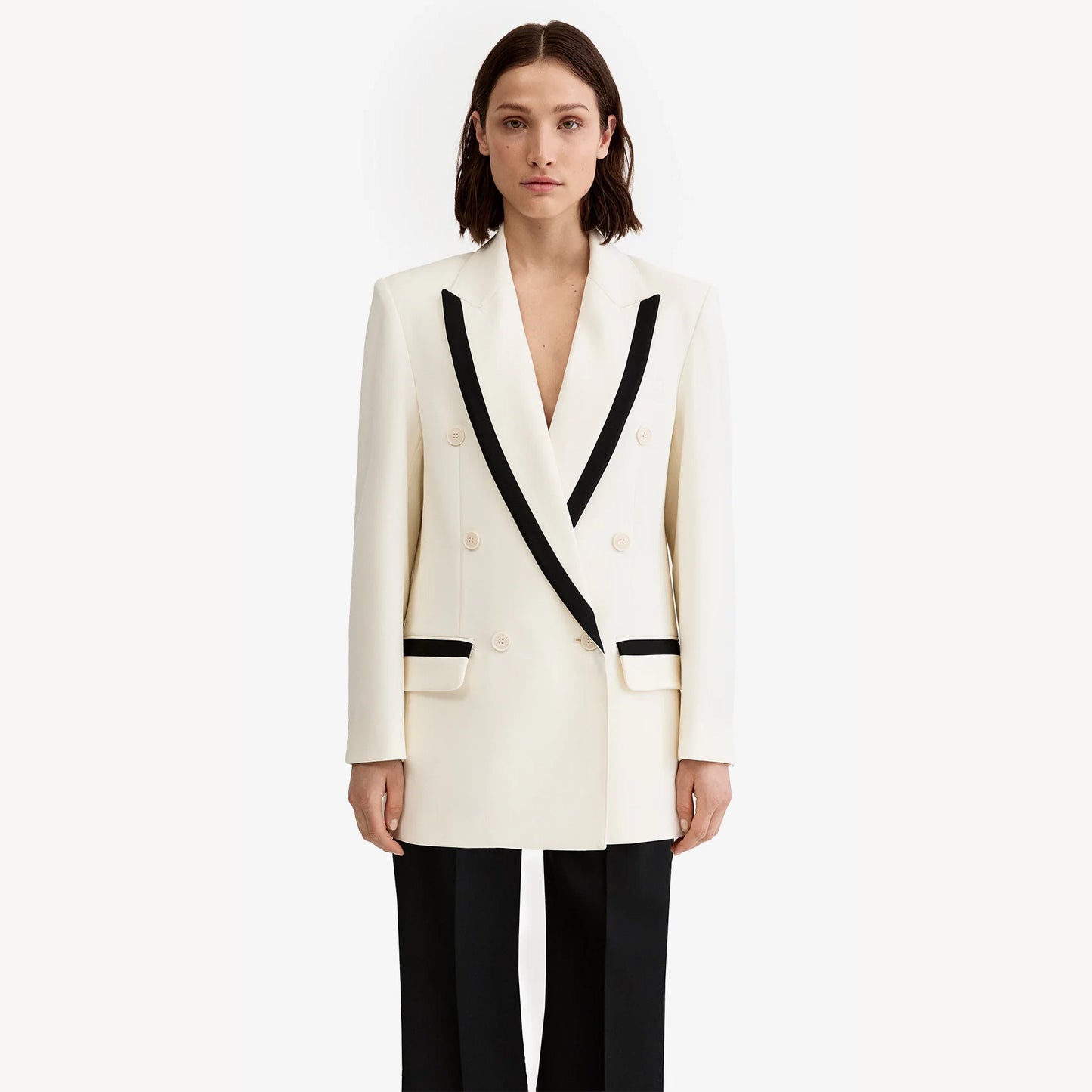 Smythe Taped DB Peaked Lapel Blazer in Chalk w Black, size Medium