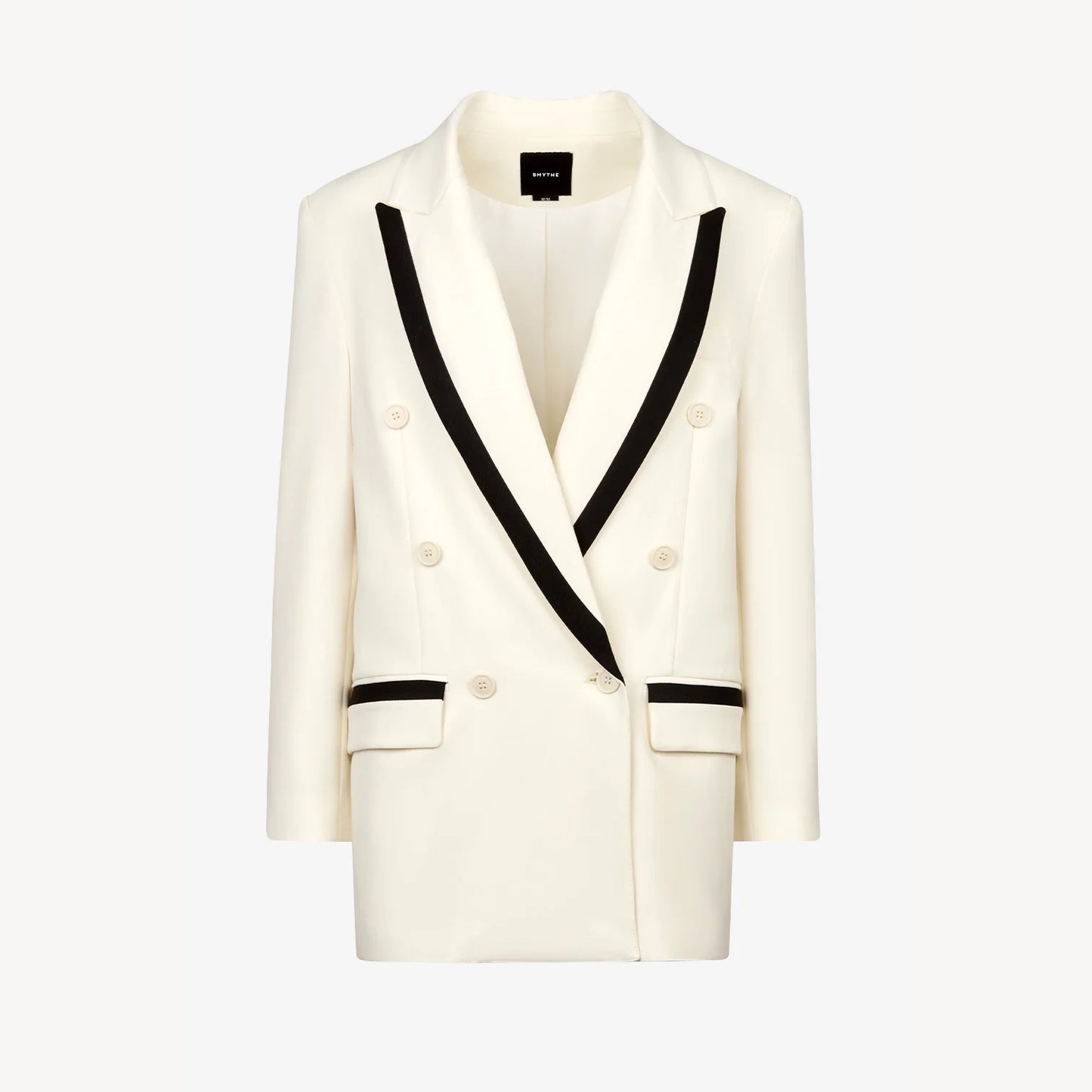 Smythe Taped DB Peaked Lapel Blazer in Chalk w Black, size Medium