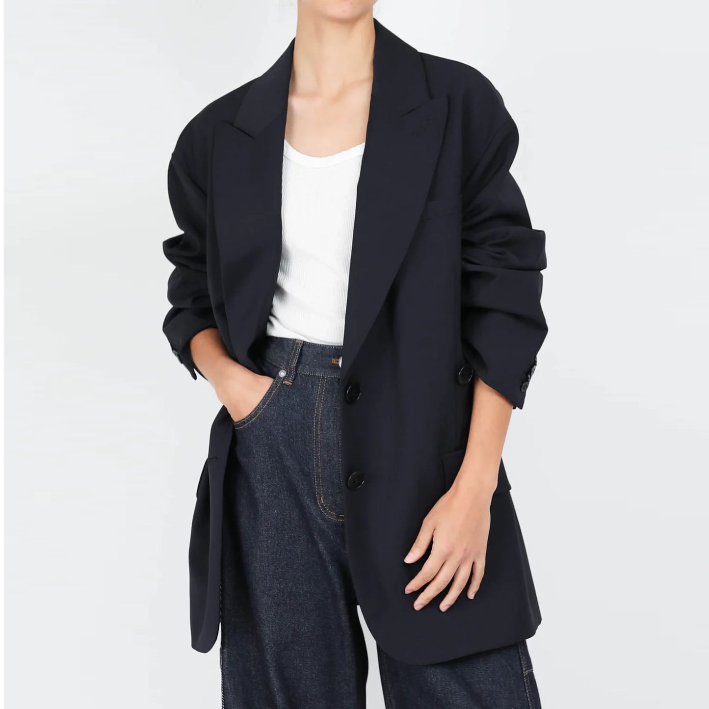 Tibi Tropical Wool "Liam" Blazer in Dark Navy, size Large ** sleeves hemmed **