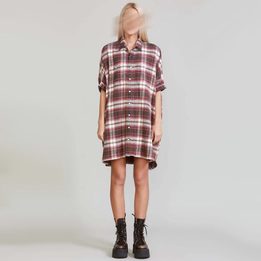 R13 Flannel Oversize Boxy Shirtdress in Red/Brown Plaid, size Small (fits S-L)