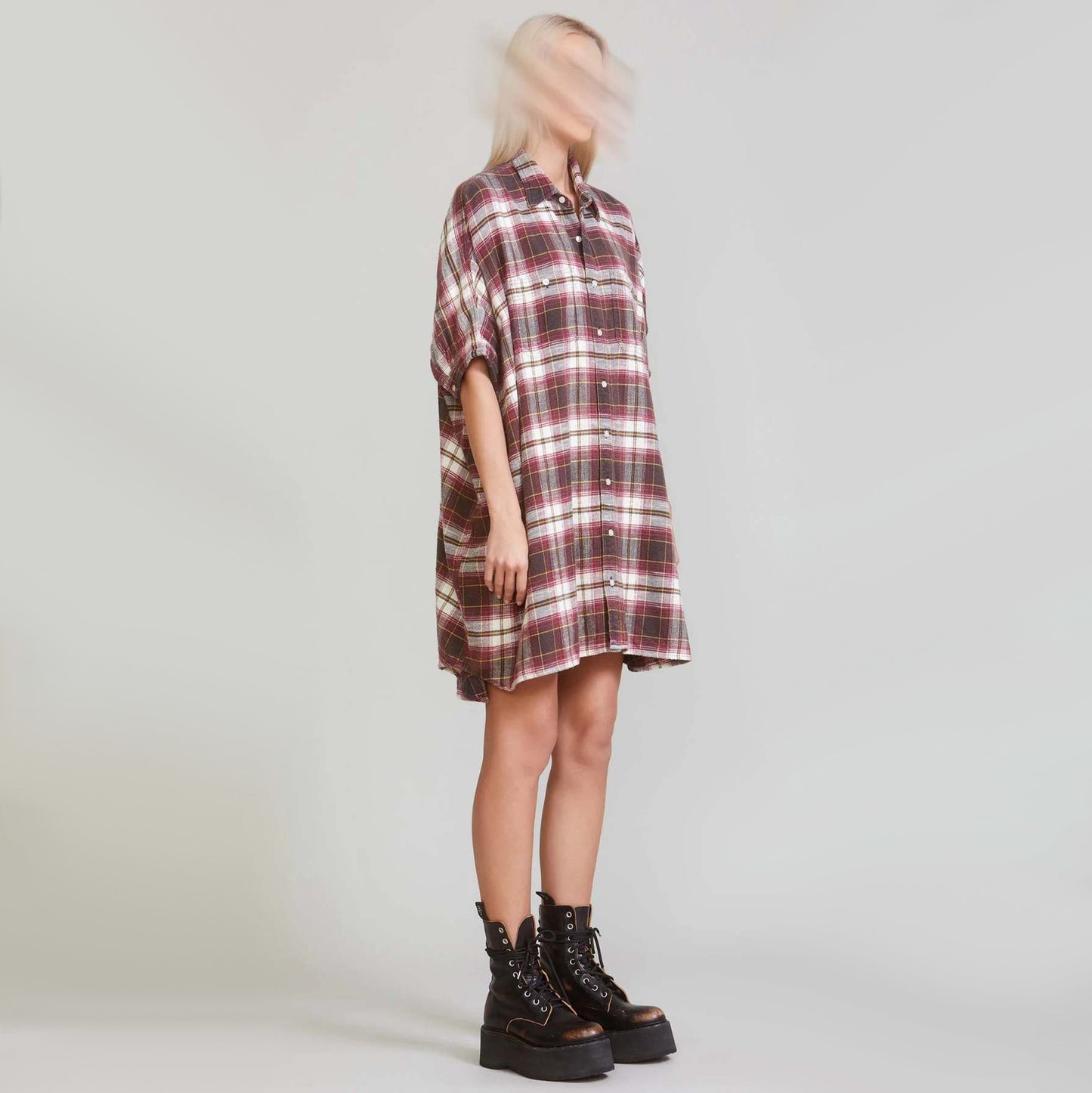 R13 Flannel Oversize Boxy Shirtdress in Red/Brown Plaid, size Small (fits S-L)