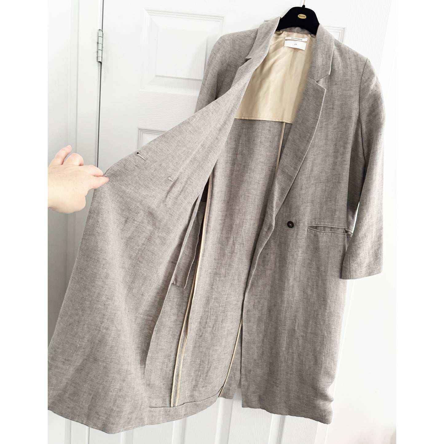 Pomandere Linen Duster Jacket in Grey, size 38